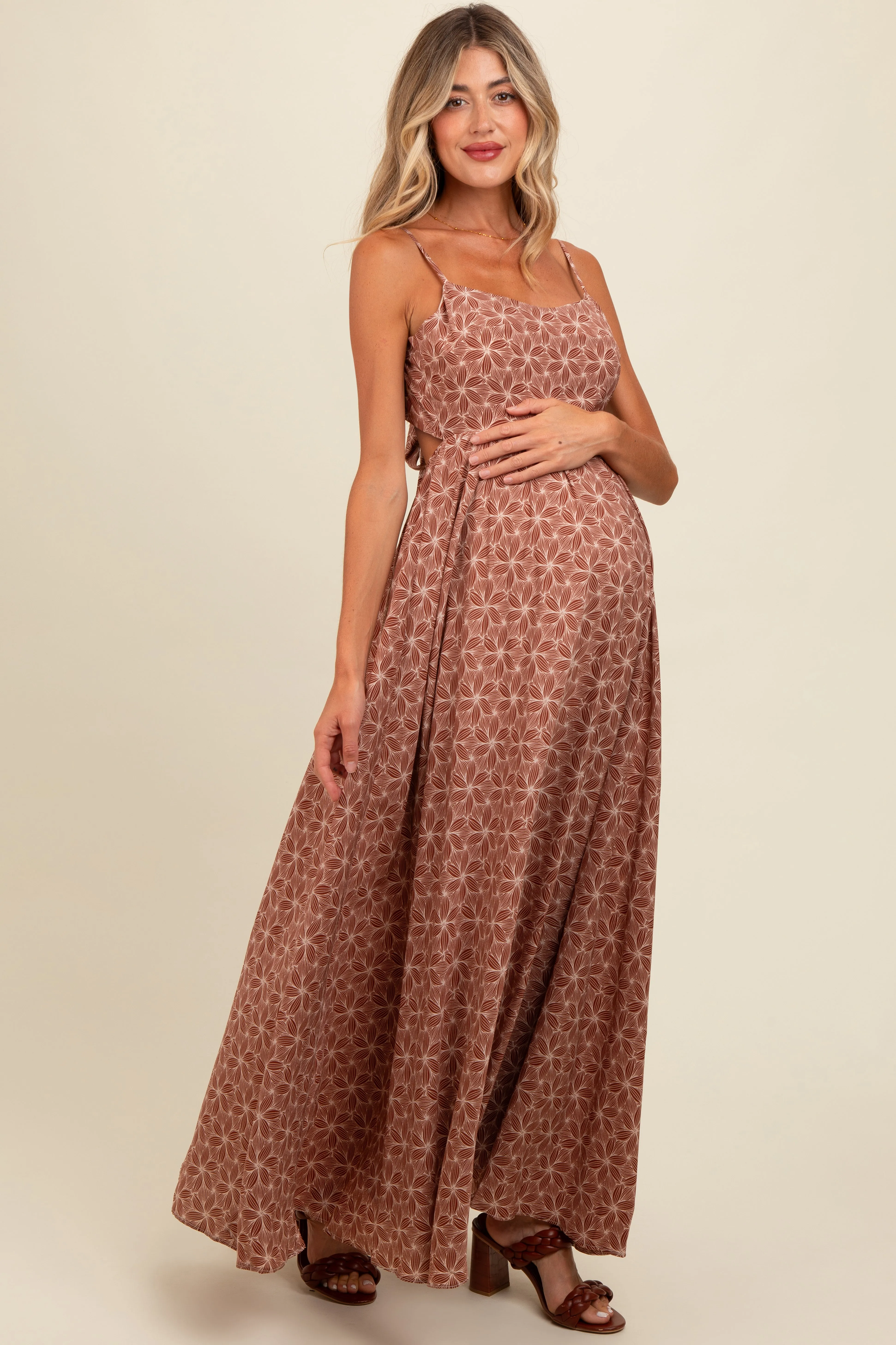 Mauve Floral Cutout Tie Back Maternity Maxi Dress sold by Pinkblush product image thumbnail 3