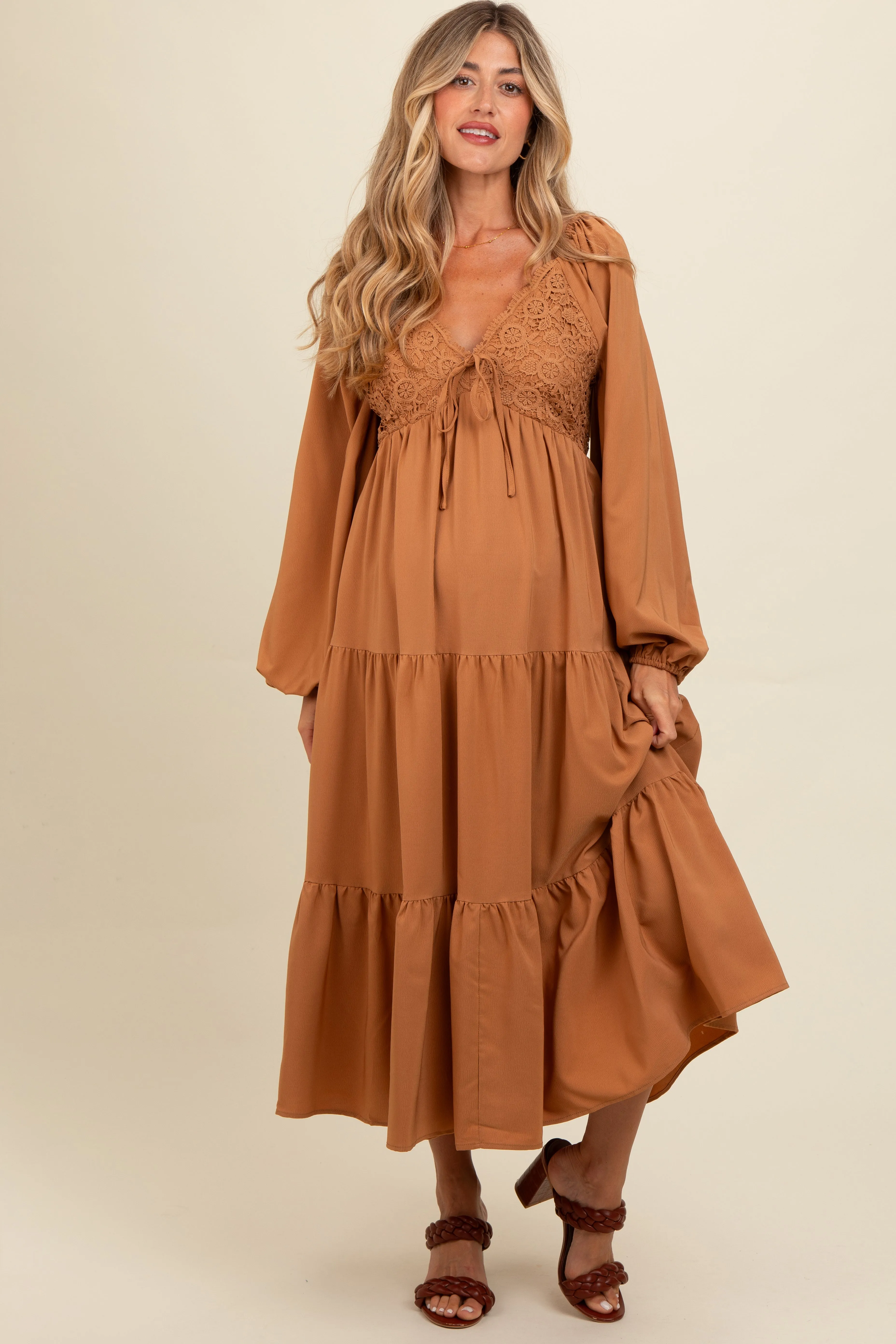 Mocha Contrast Lace Bodice Tiered Maternity Midi Dress sold by Pinkblush