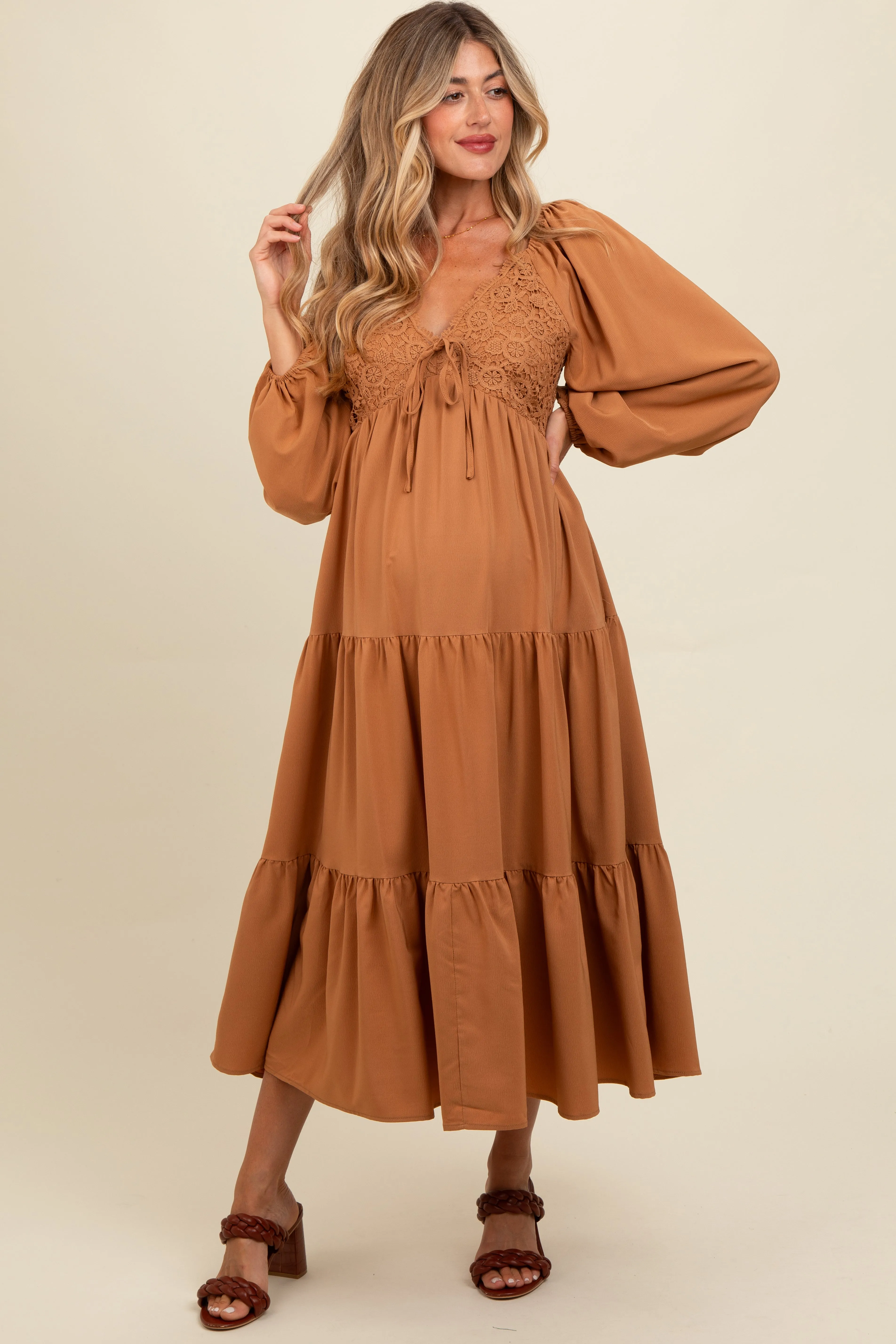 Mocha Contrast Lace Bodice Tiered Maternity Midi Dress sold by Pinkblush product image thumbnail 2