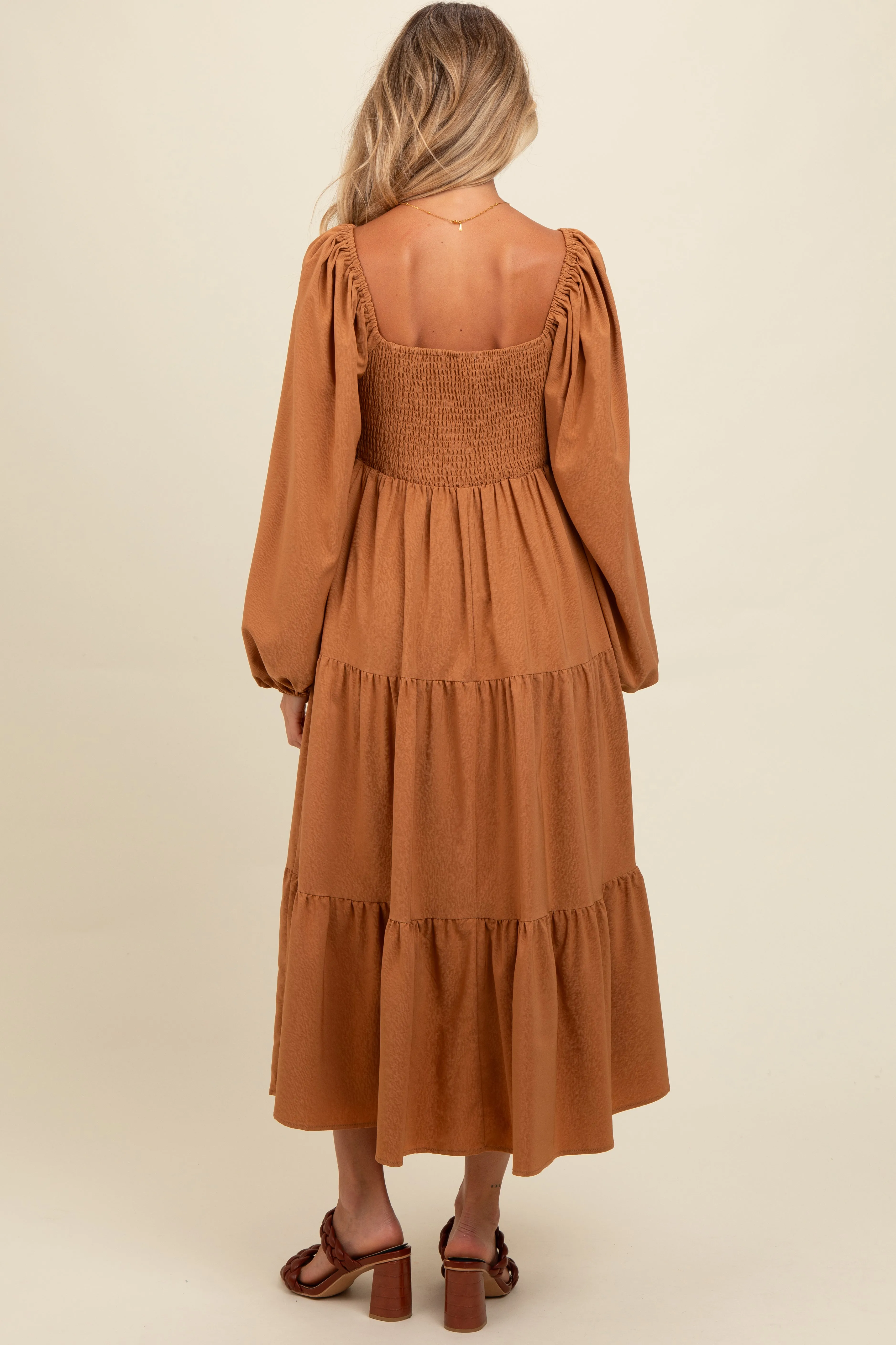 Mocha Contrast Lace Bodice Tiered Maternity Midi Dress sold by Pinkblush product image thumbnail 3