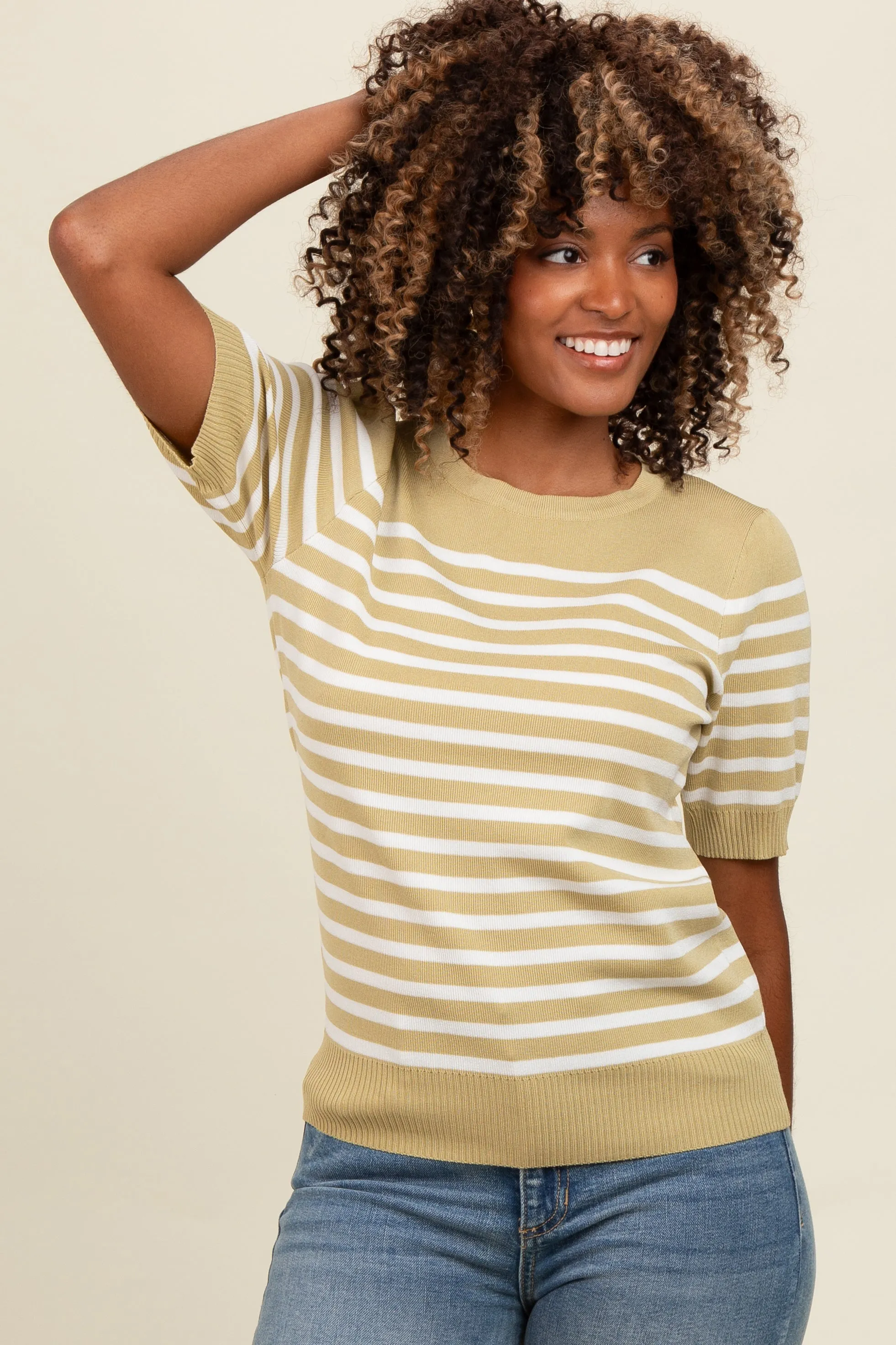 Light Olive Striped Short Sleeve Knit Top sold by Pinkblush product image thumbnail 2