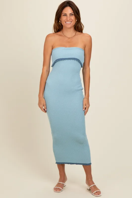 Light Blue Contrast Trim Strapless Knit Dress sold by Pinkblush