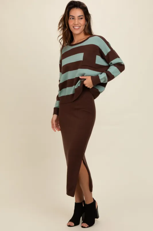 Brown Striped Sweater And Fitted Midi Skirt Set sold by Pinkblush