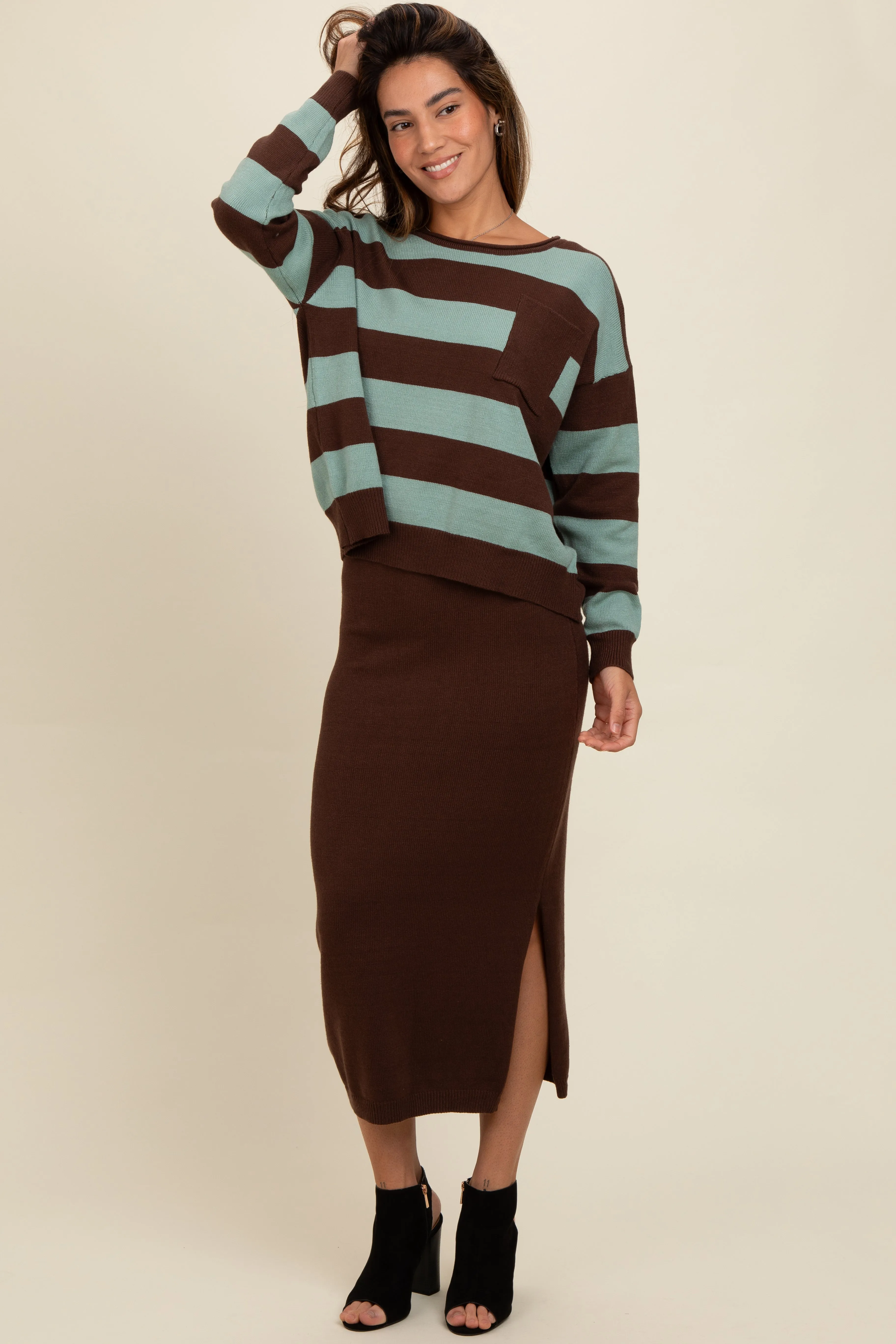 Brown Striped Sweater And Fitted Midi Skirt Set sold by Pinkblush product image thumbnail 2