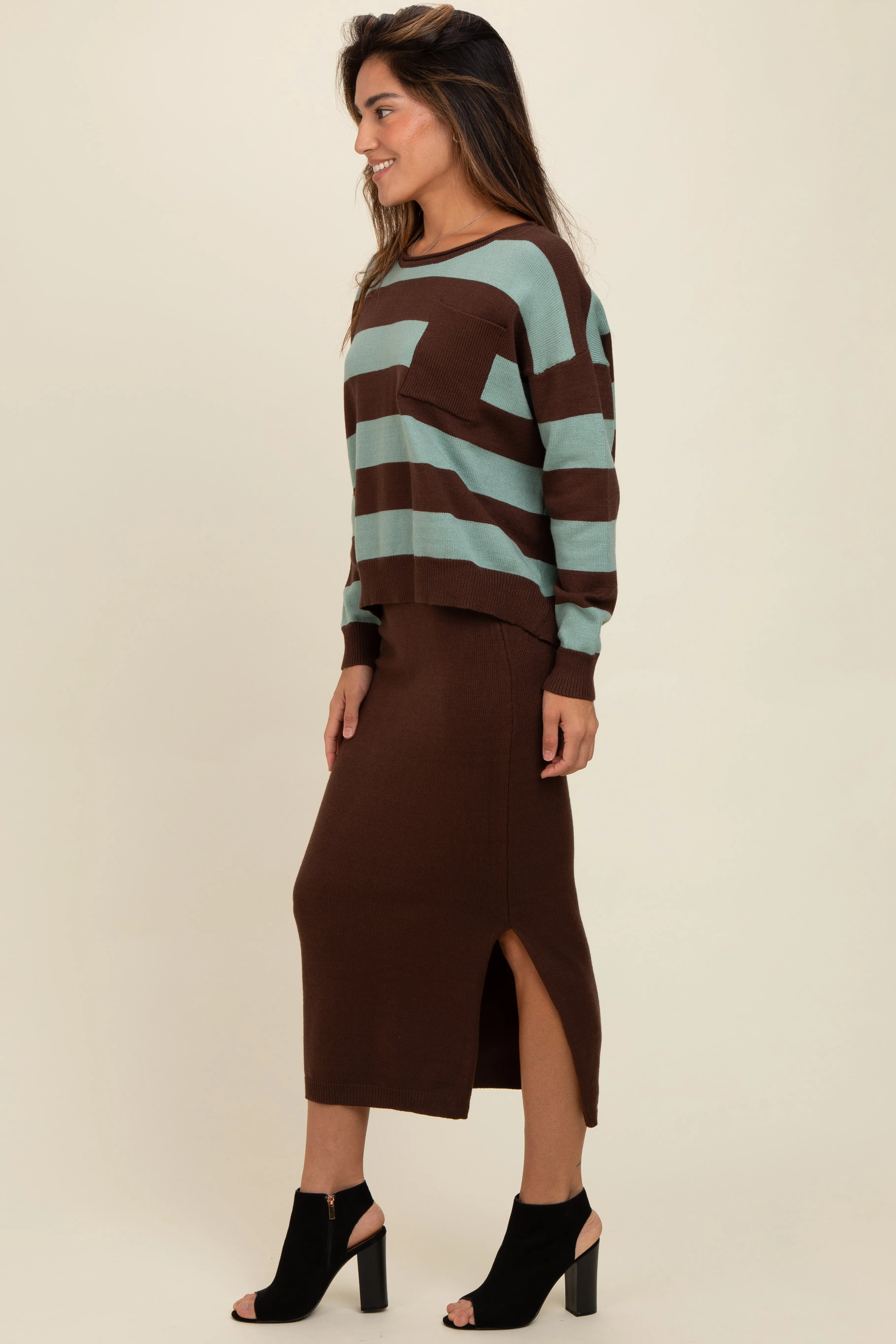 Brown Striped Sweater And Fitted Midi Skirt Set sold by Pinkblush product image thumbnail 3