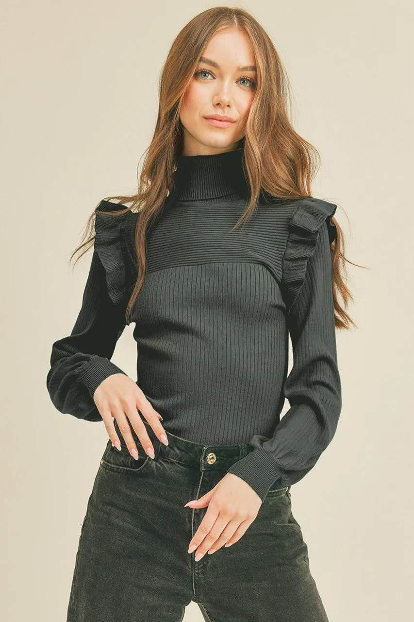 Black Shoulder Ruffle Turtleneck Sweater sold by Pinkblush