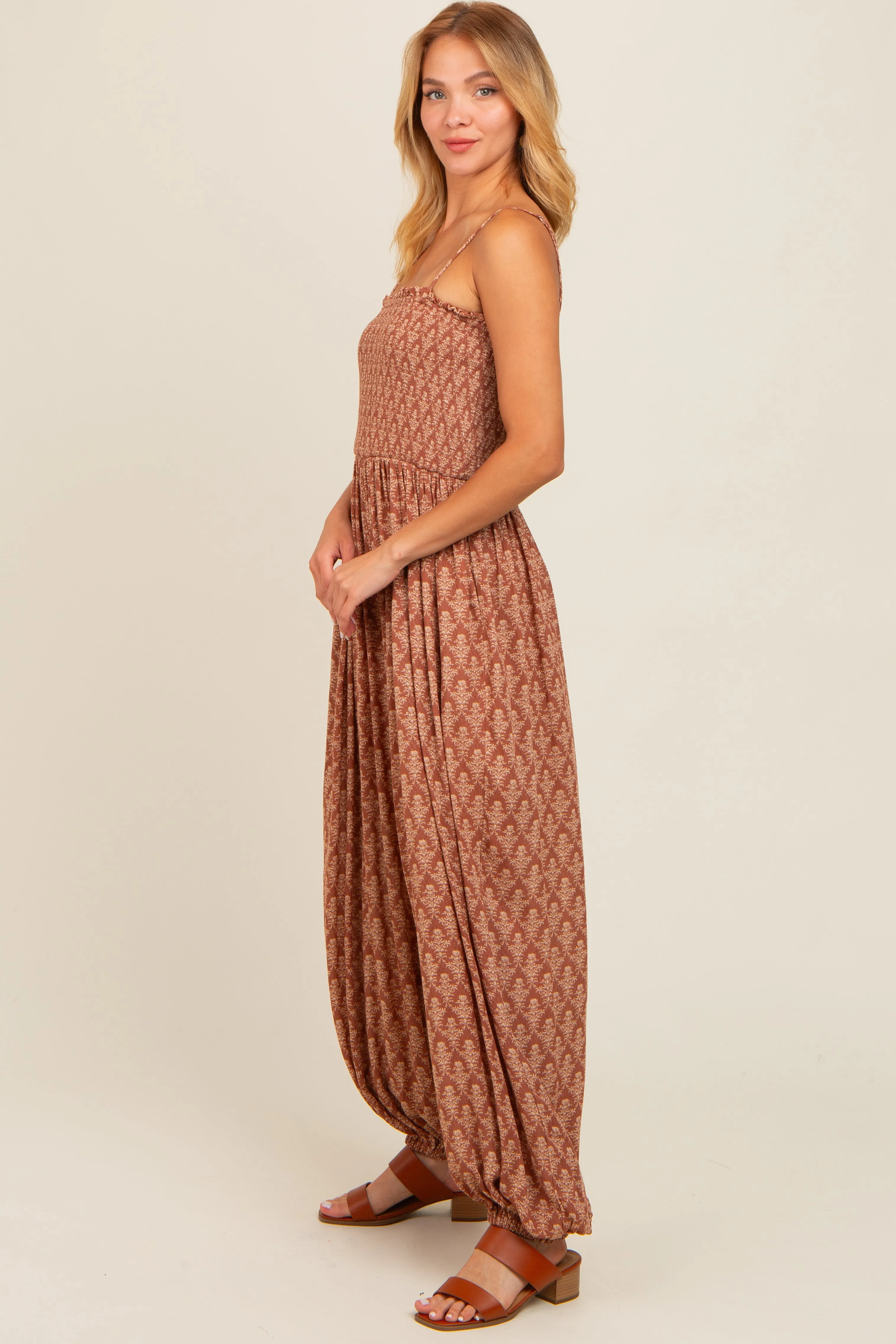Mocha Damask Smocked Balloon Leg Jumpsuit sold by Pinkblush product image thumbnail 3