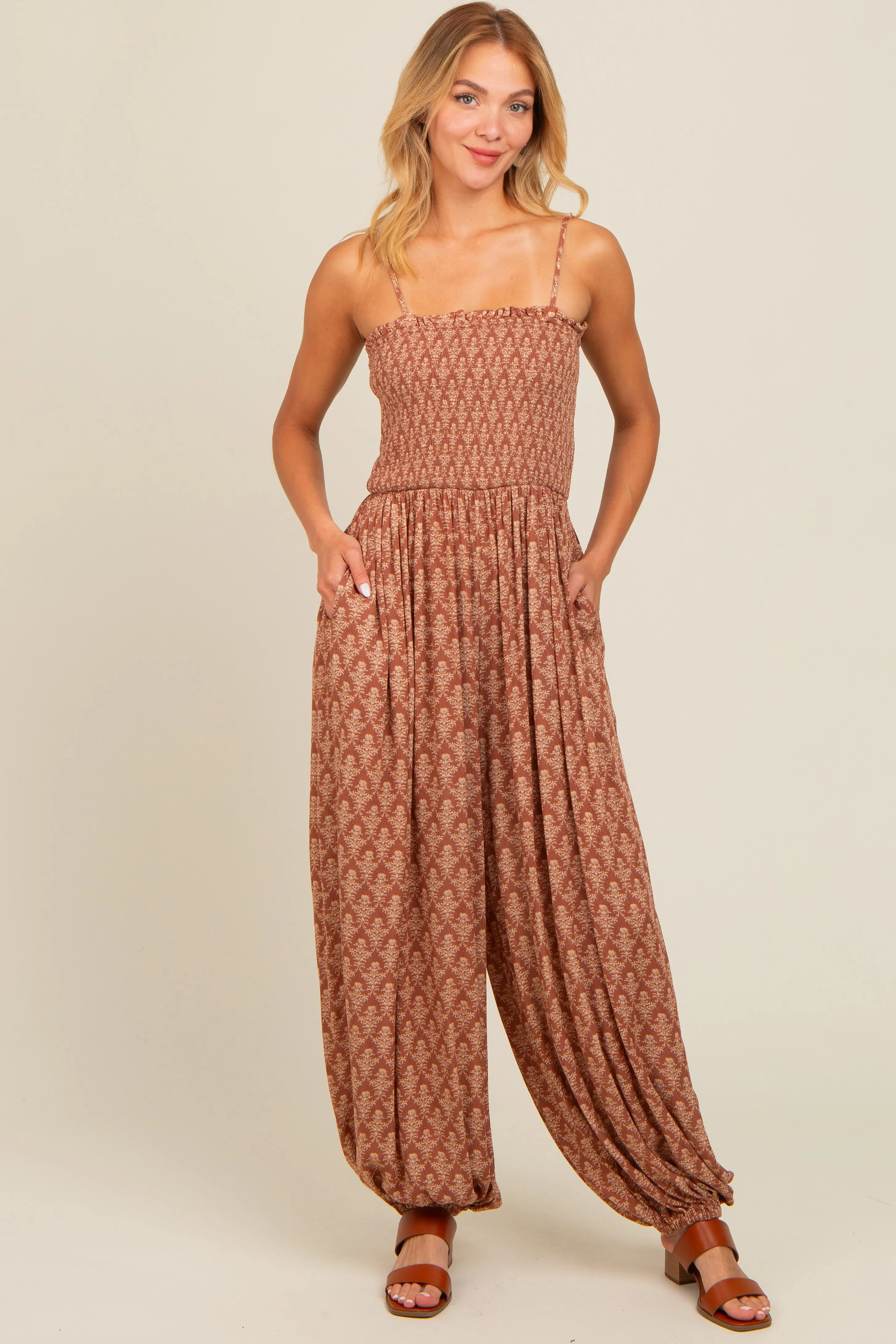 Mocha Damask Smocked Balloon Leg Jumpsuit sold by Pinkblush