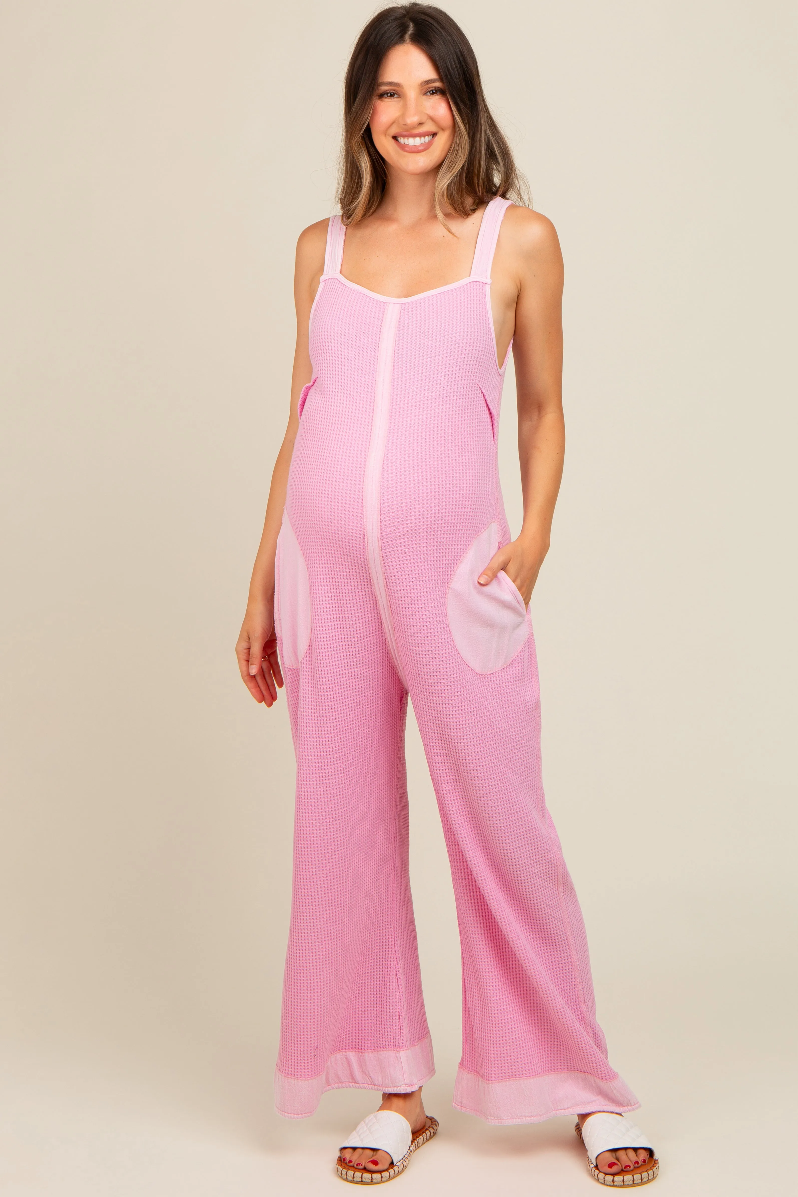 Pink Waffle Knit Wide Leg Maternity Jumpsuit sold by Pinkblush product image thumbnail 2