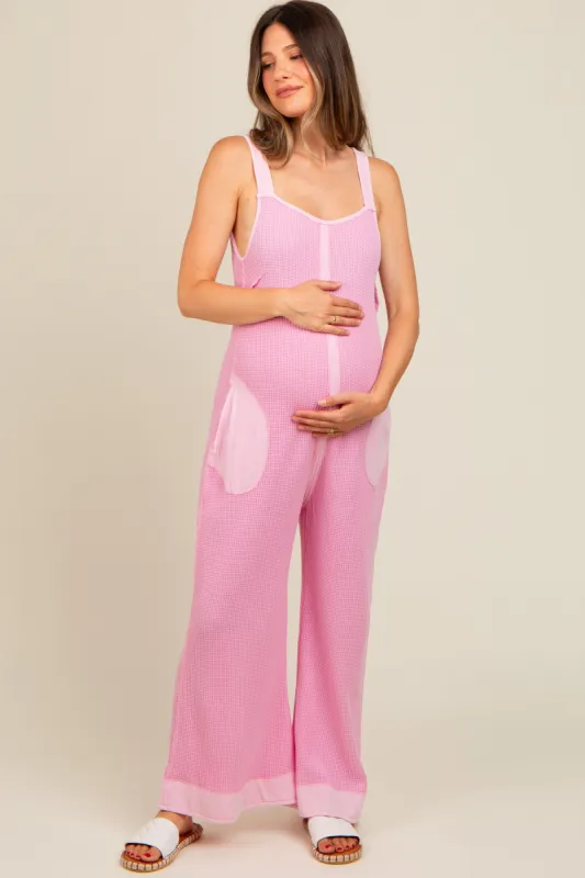 Pink Waffle Knit Wide Leg Maternity Jumpsuit sold by Pinkblush