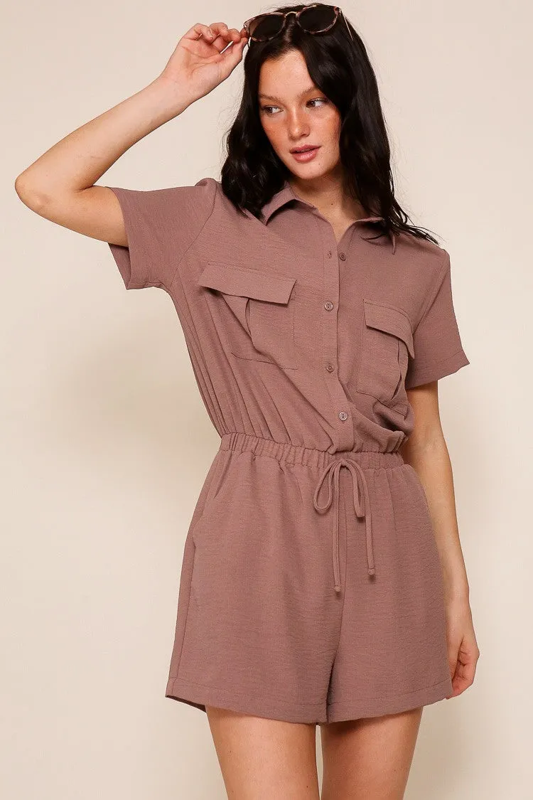 Mocha Button Down Romper sold by Pinkblush