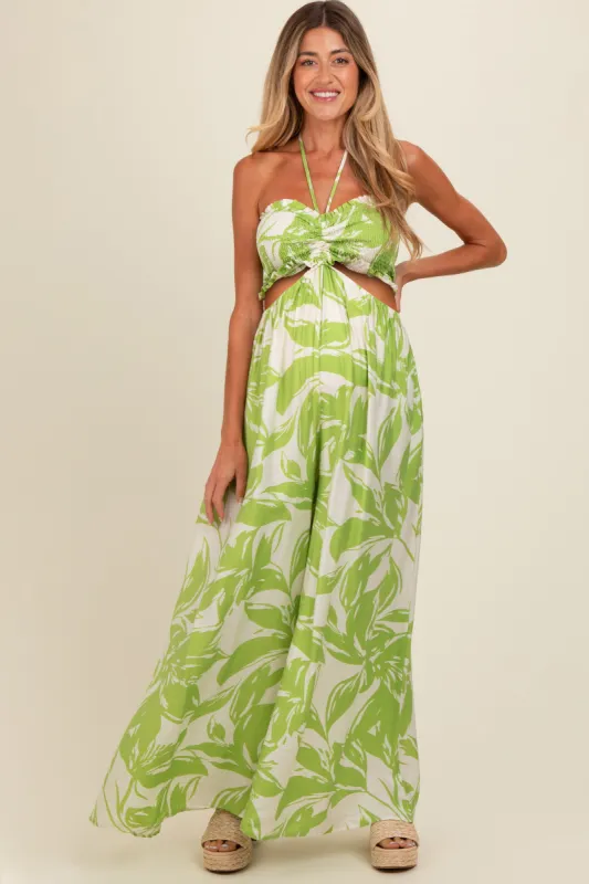 Lime Tropical Print Cutout Smocked Maternity Jumpsuit sold by Pinkblush
