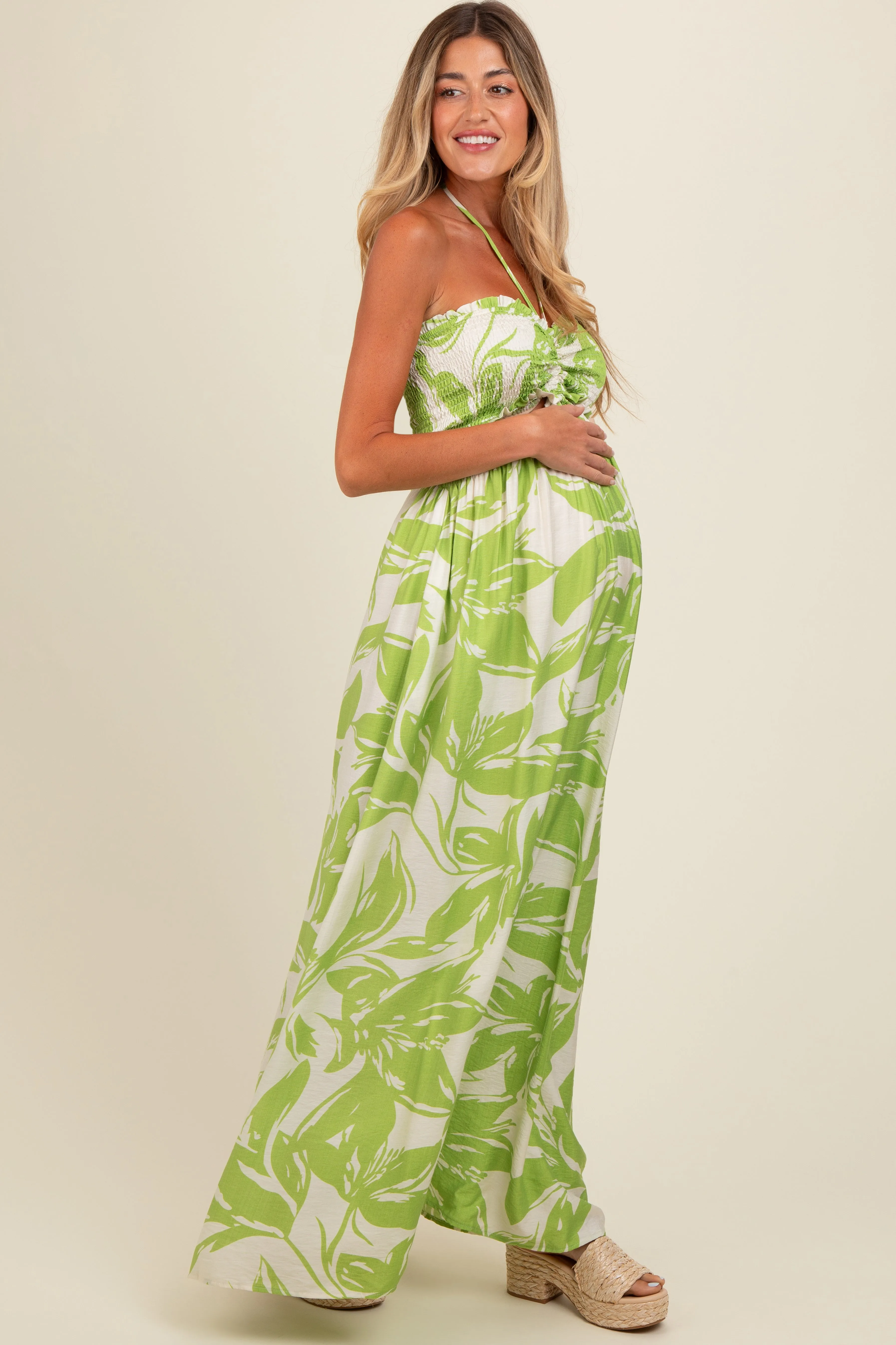 Lime Tropical Print Cutout Smocked Maternity Jumpsuit sold by Pinkblush product image thumbnail 2