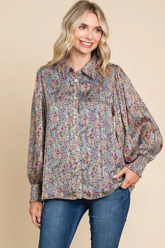 Red Mix Floral Satin Long Peasant Sleeves Top sold by Pinkblush