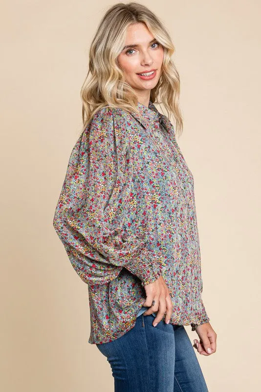 Red Mix Floral Satin Long Peasant Sleeves Top sold by Pinkblush product image thumbnail 2