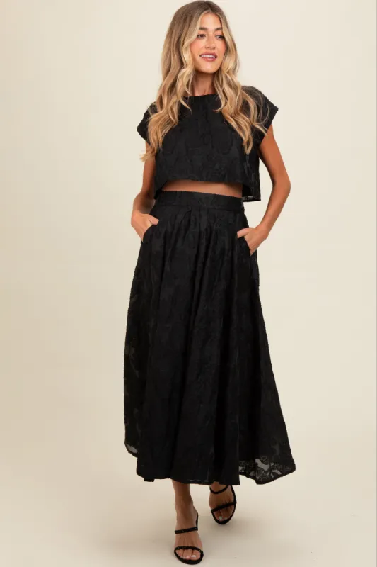 Black Floral Jacquard Crop Top and Skirt Maternity Set sold by Pinkblush