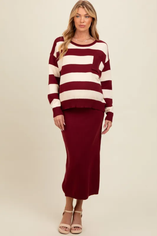 Burgundy Striped Sweater And Fitted Midi Skirt Maternity Set sold by Pinkblush