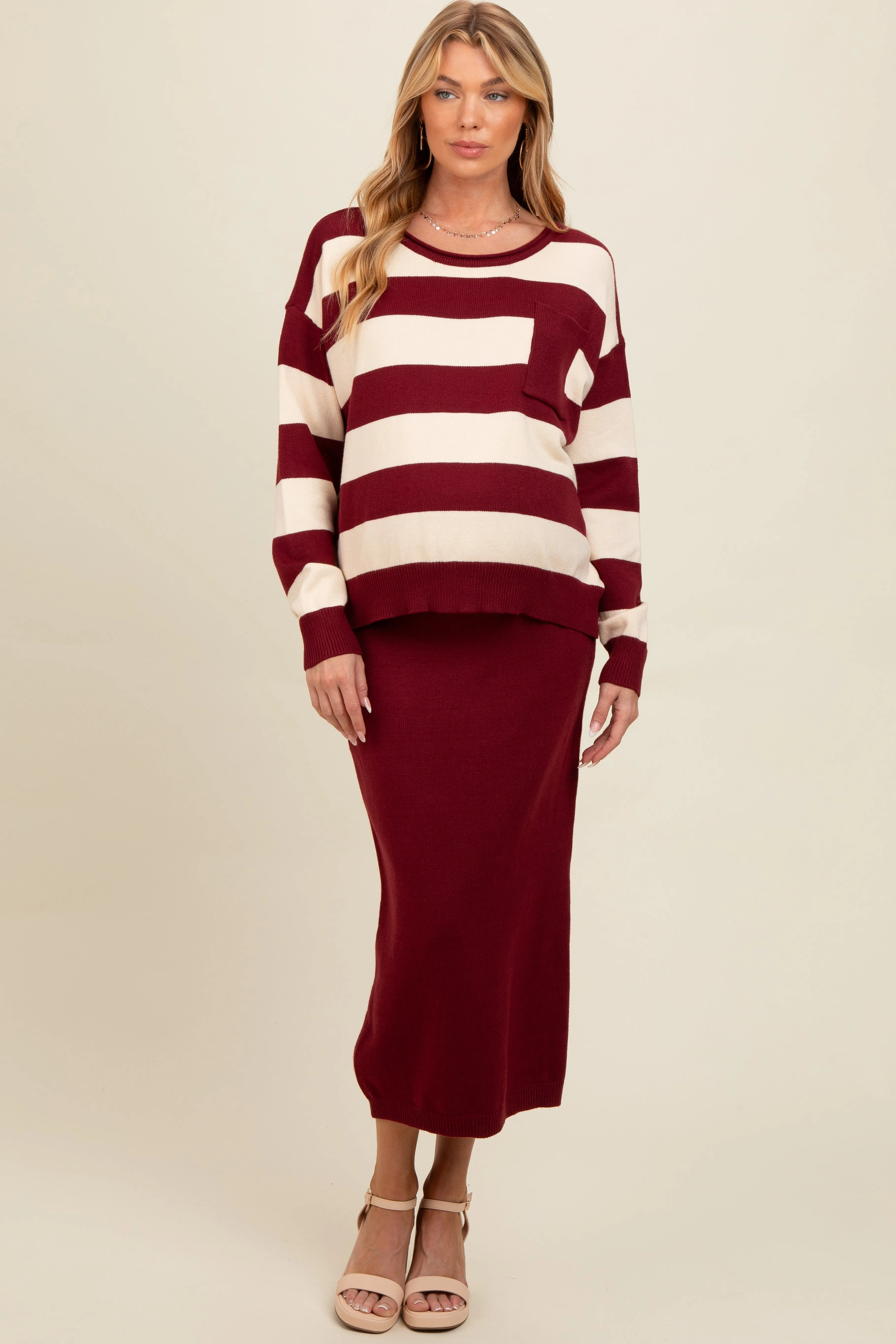Burgundy Striped Sweater And Fitted Midi Skirt Maternity Set sold by Pinkblush