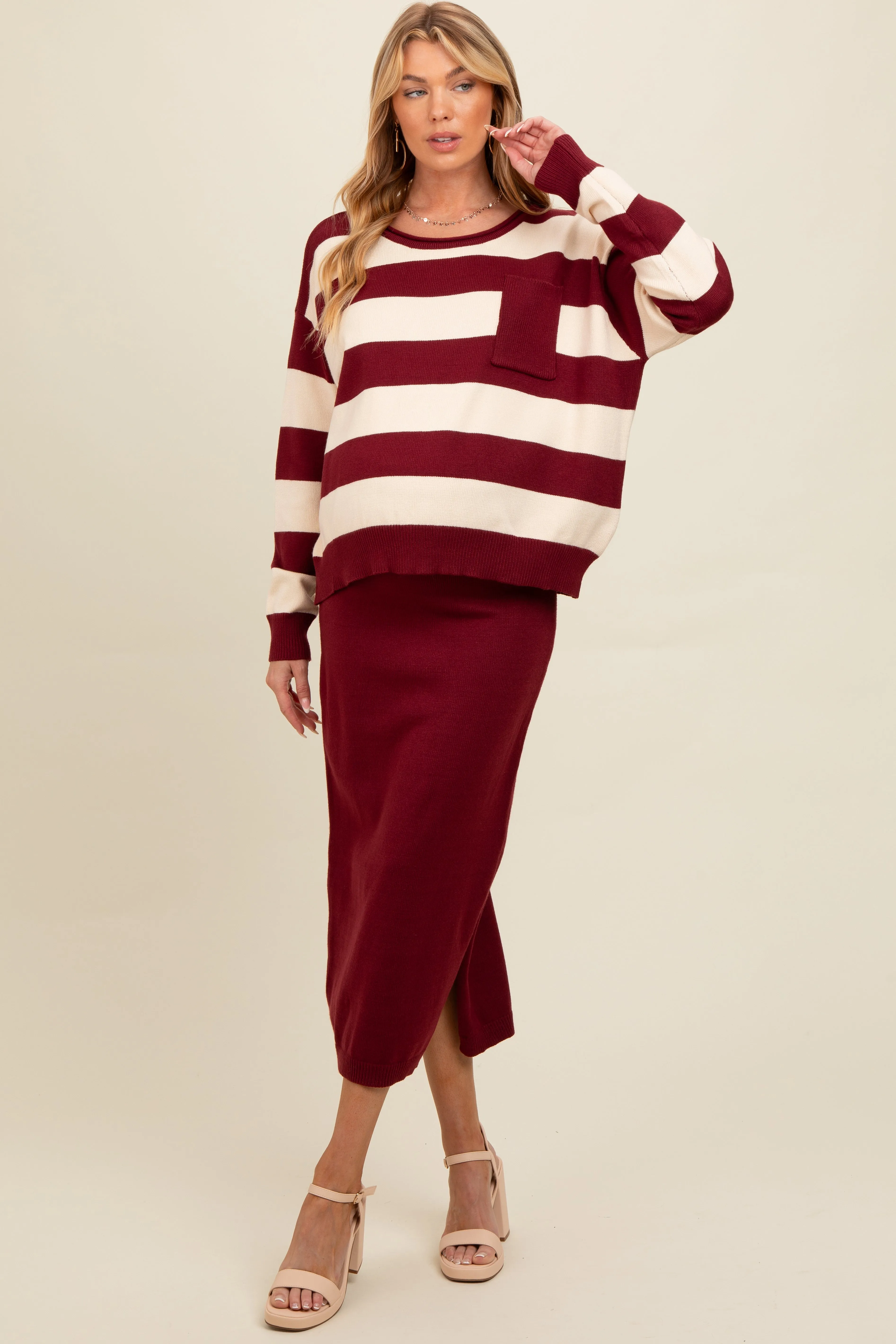 Burgundy Striped Sweater And Fitted Midi Skirt Maternity Set sold by Pinkblush product image thumbnail 2