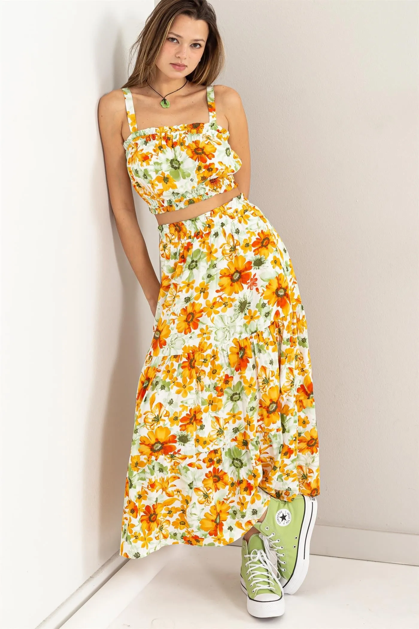 Orange Floral Print Crop Top And Skirt Set sold by Pinkblush
