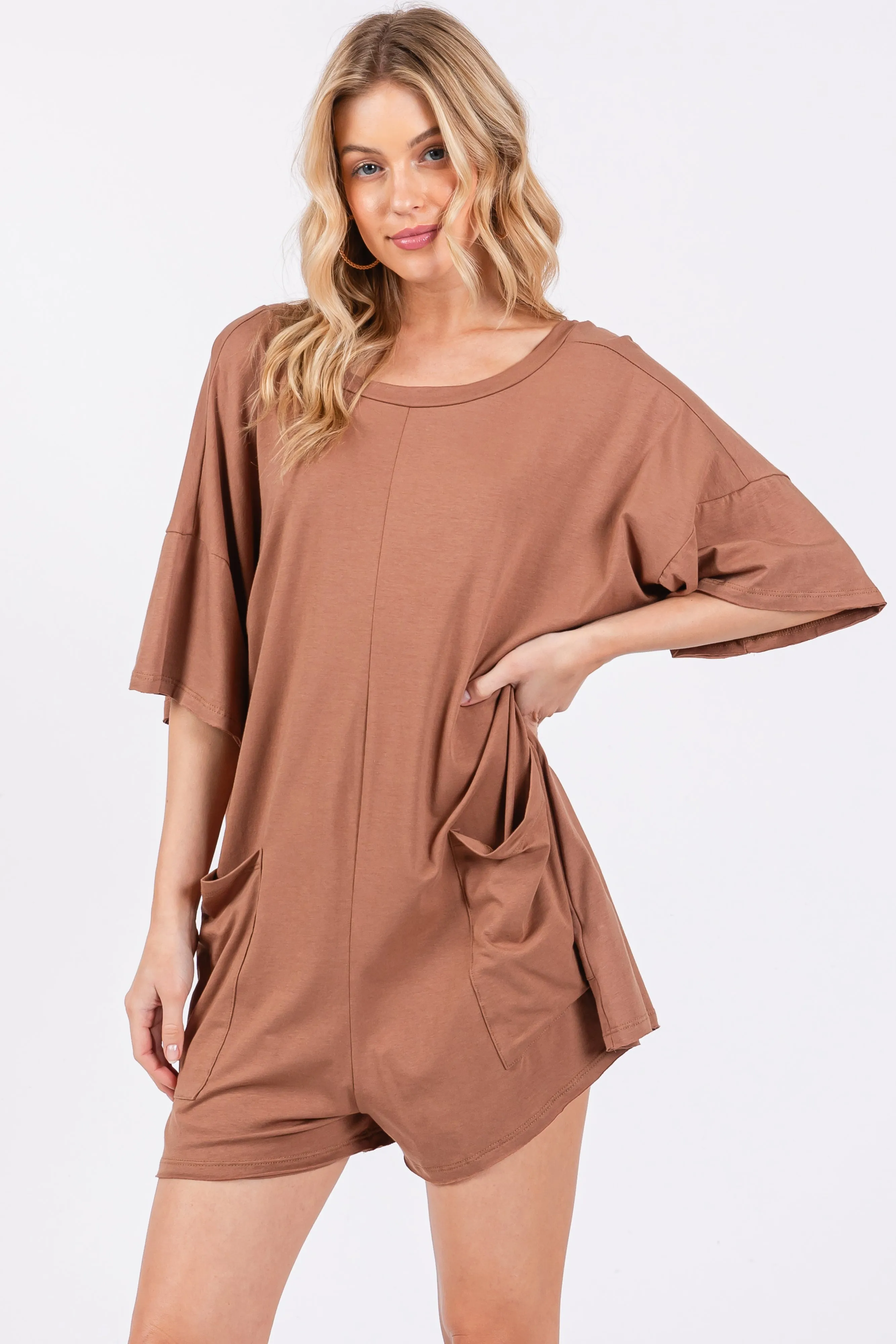 Camel Basic Romper sold by Pinkblush