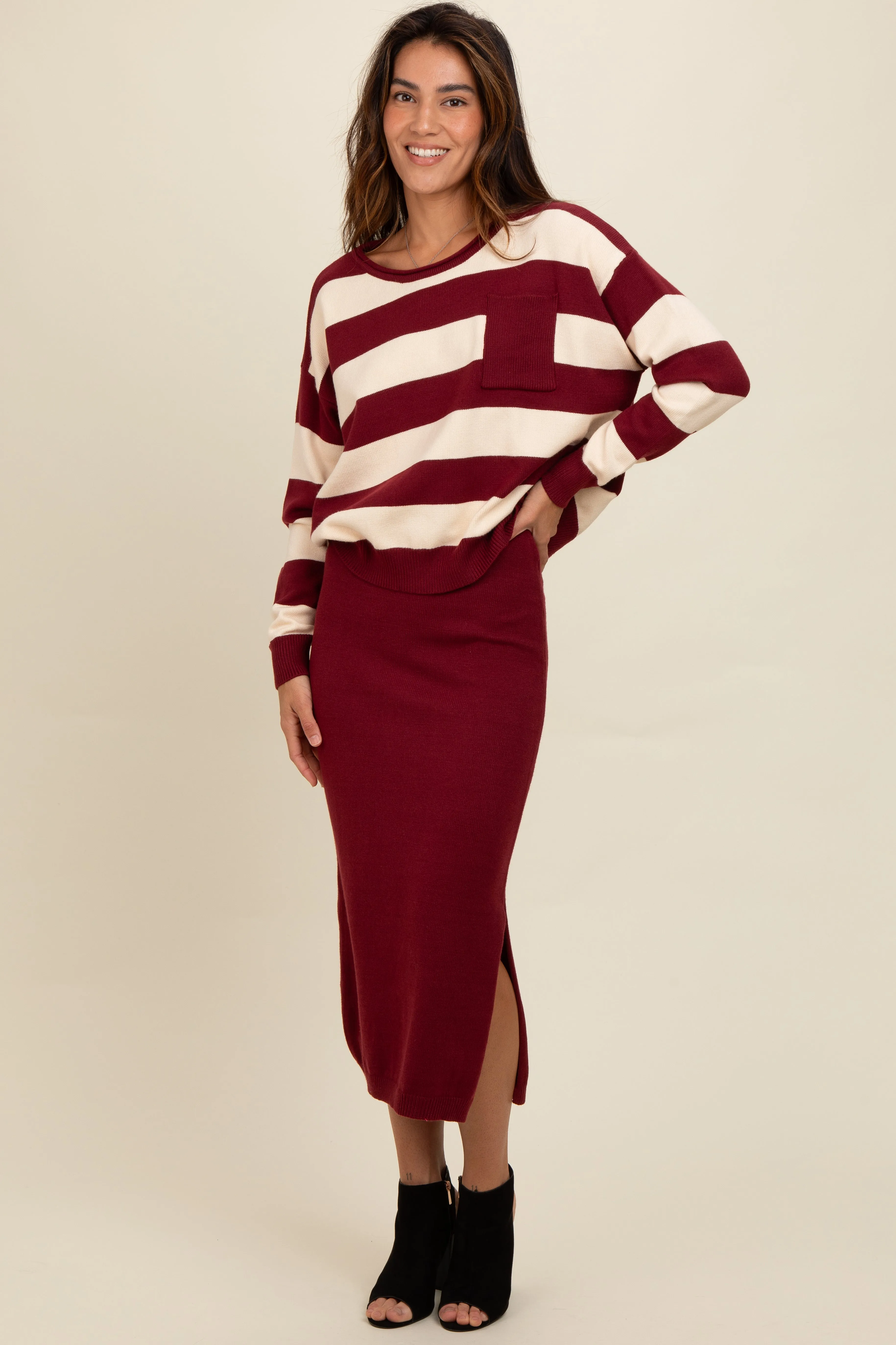 Burgundy Striped Sweater And Fitted Midi Skirt Set sold by Pinkblush product image thumbnail 2