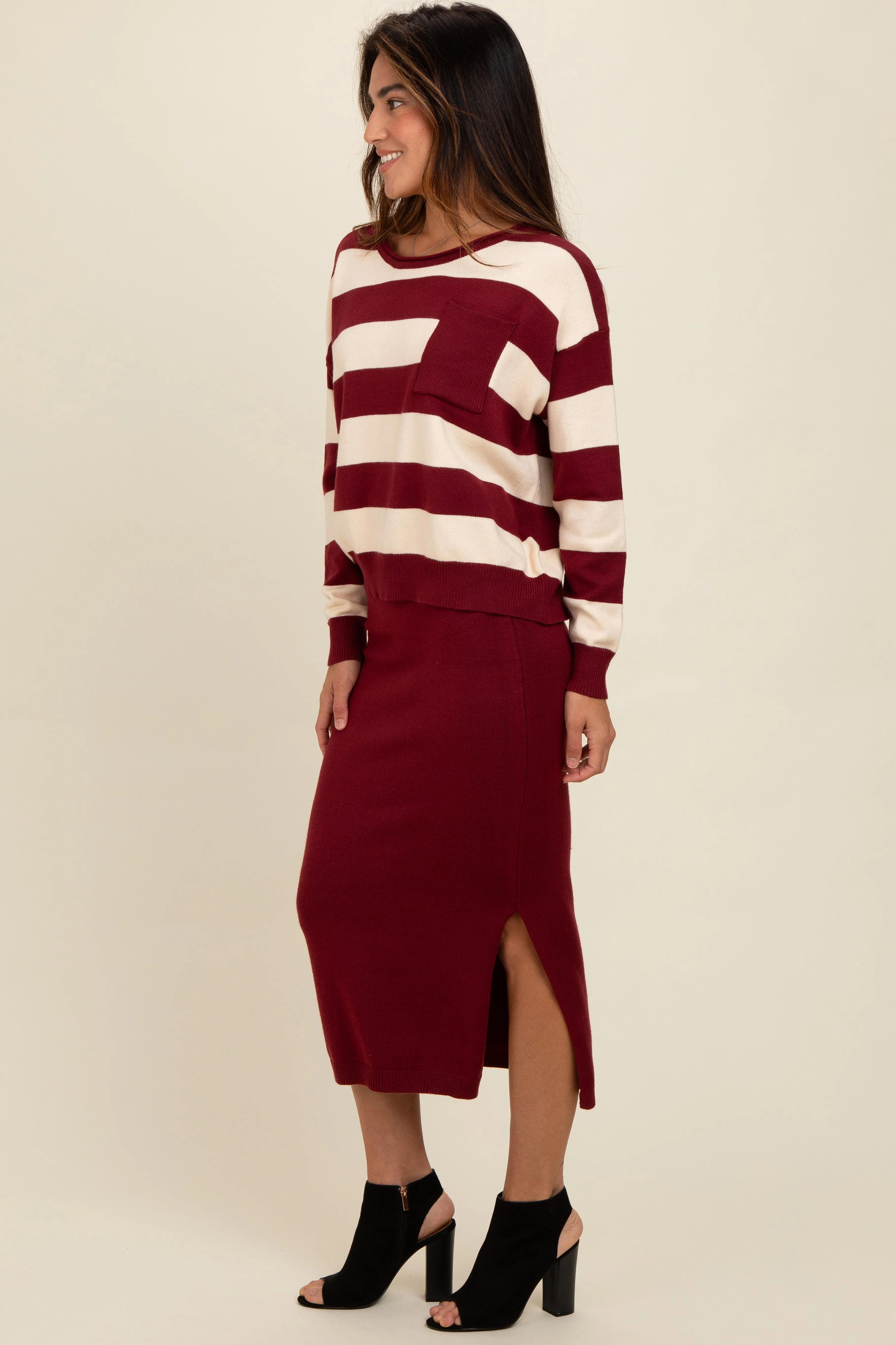 Burgundy Striped Sweater And Fitted Midi Skirt Set sold by Pinkblush product image thumbnail 3