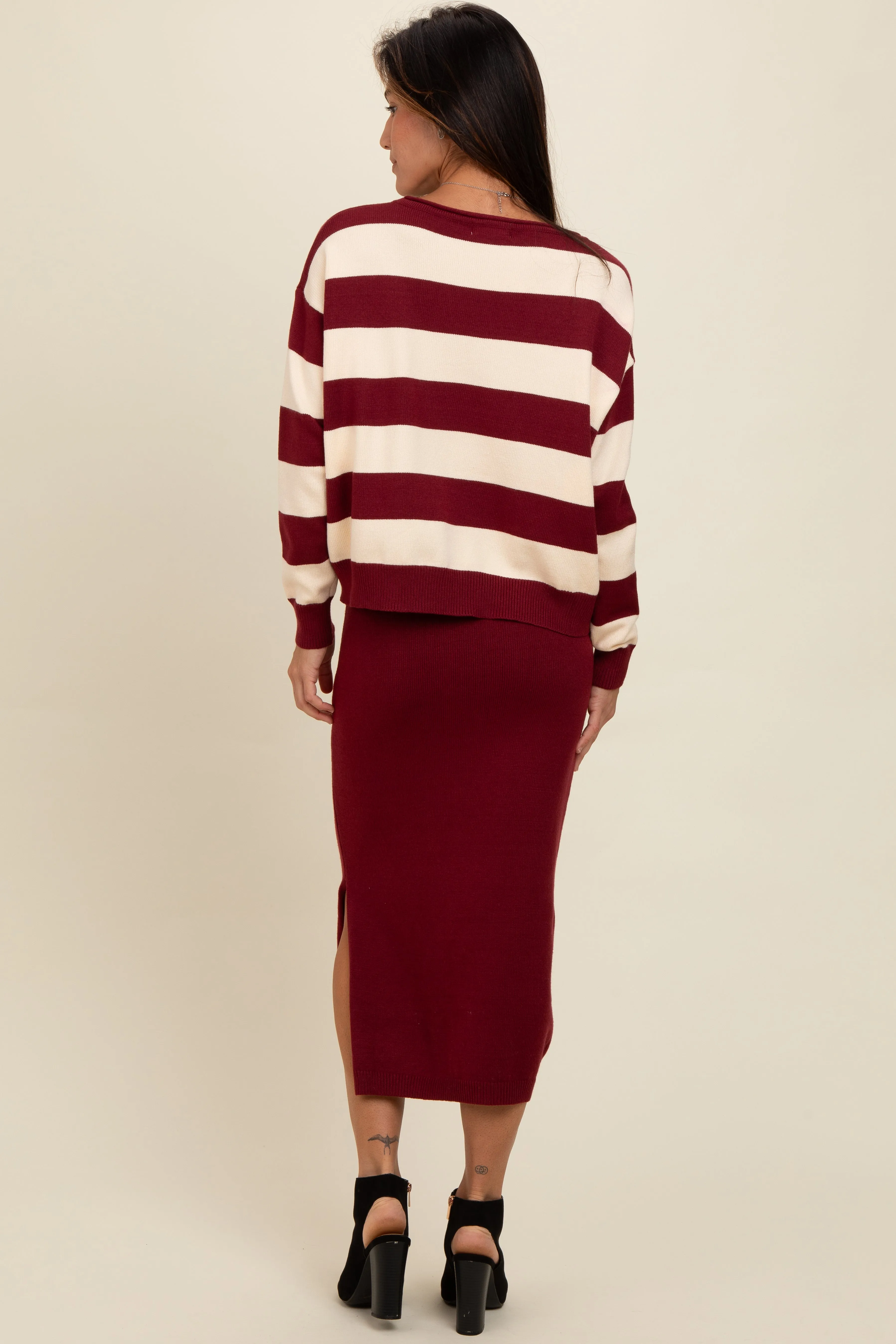 Burgundy Striped Sweater And Fitted Midi Skirt Set sold by Pinkblush product image thumbnail 4