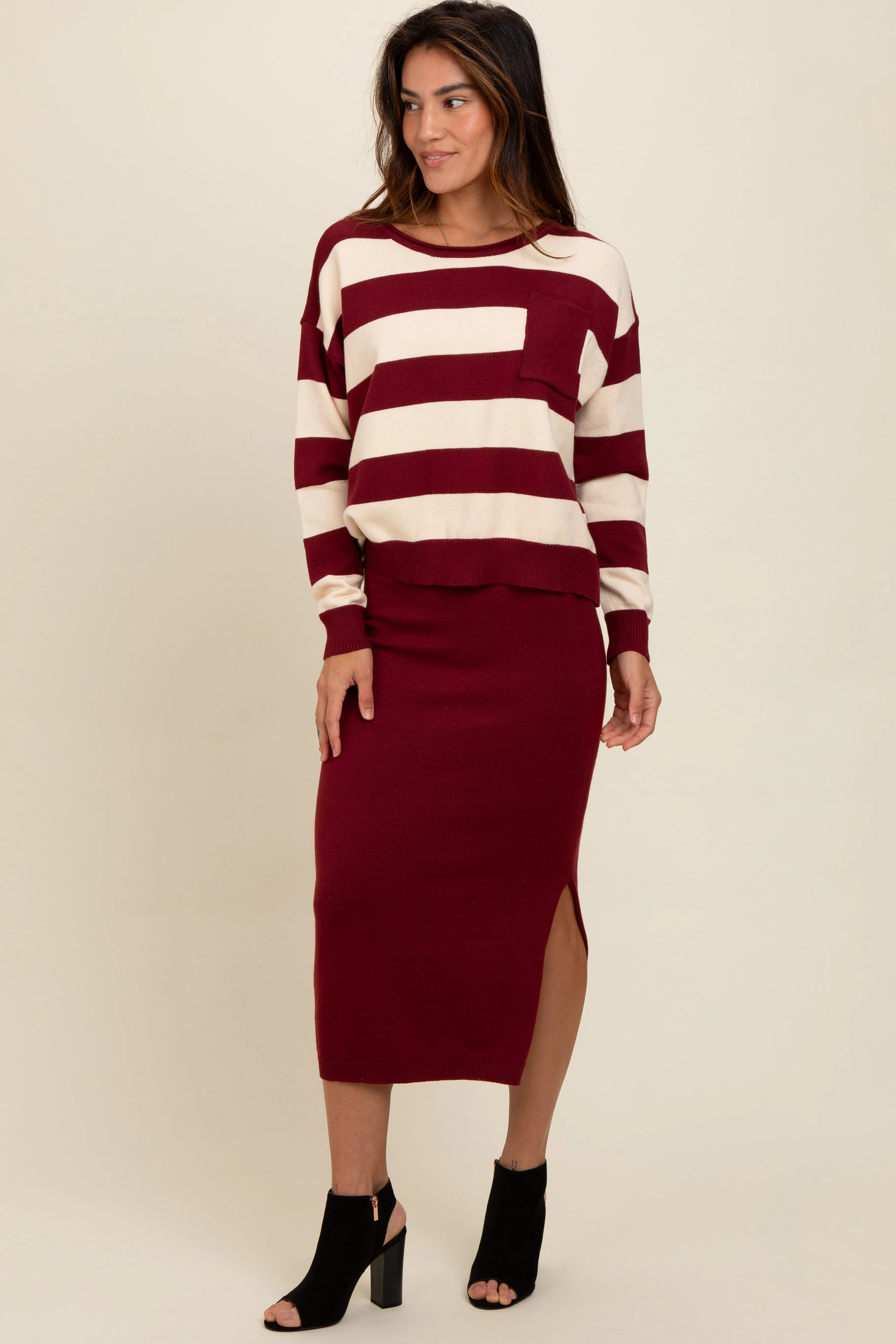 Burgundy Striped Sweater And Fitted Midi Skirt Set sold by Pinkblush