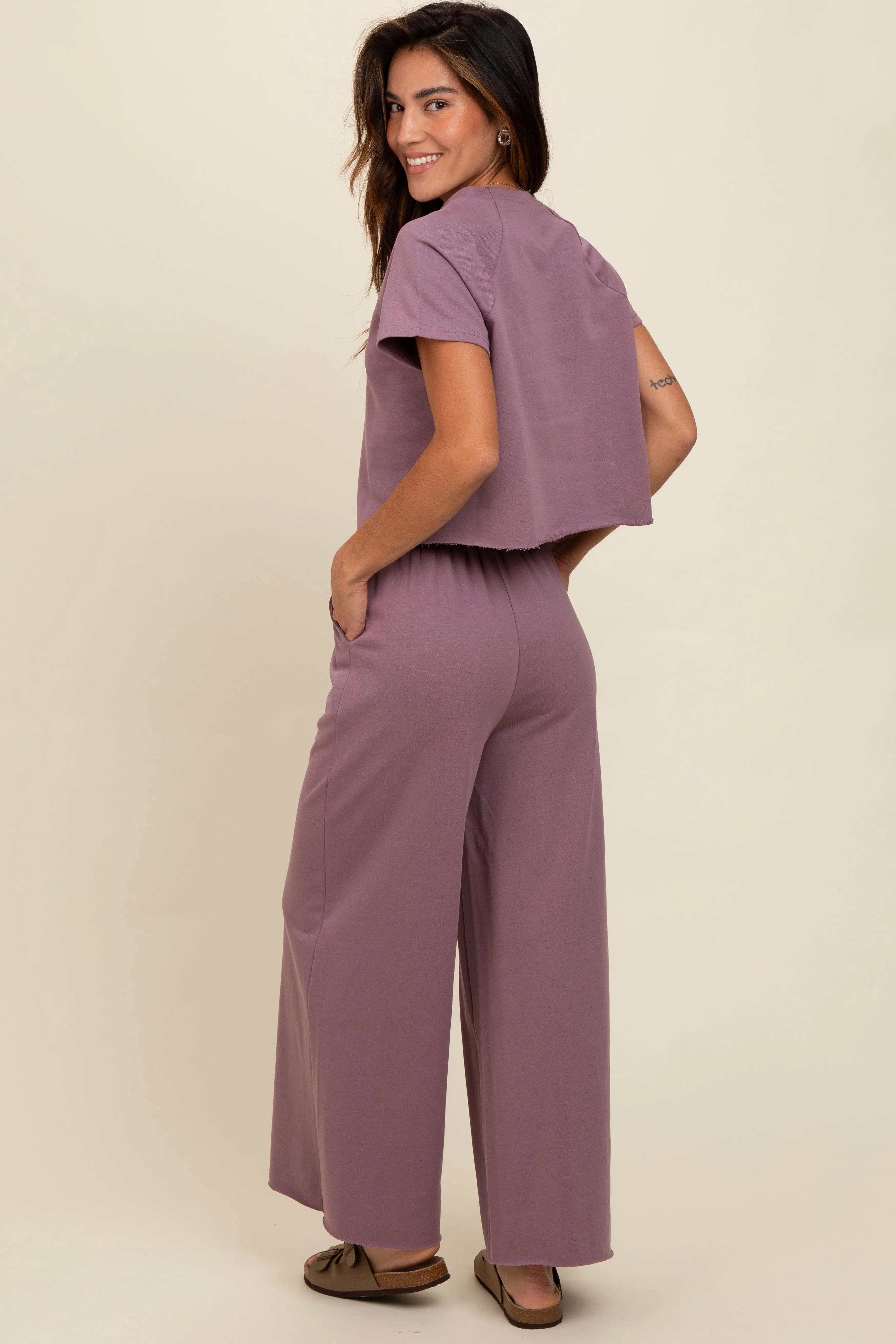 Mauve Basic Tee And Wide Leg Pant Set sold by Pinkblush product image thumbnail 3