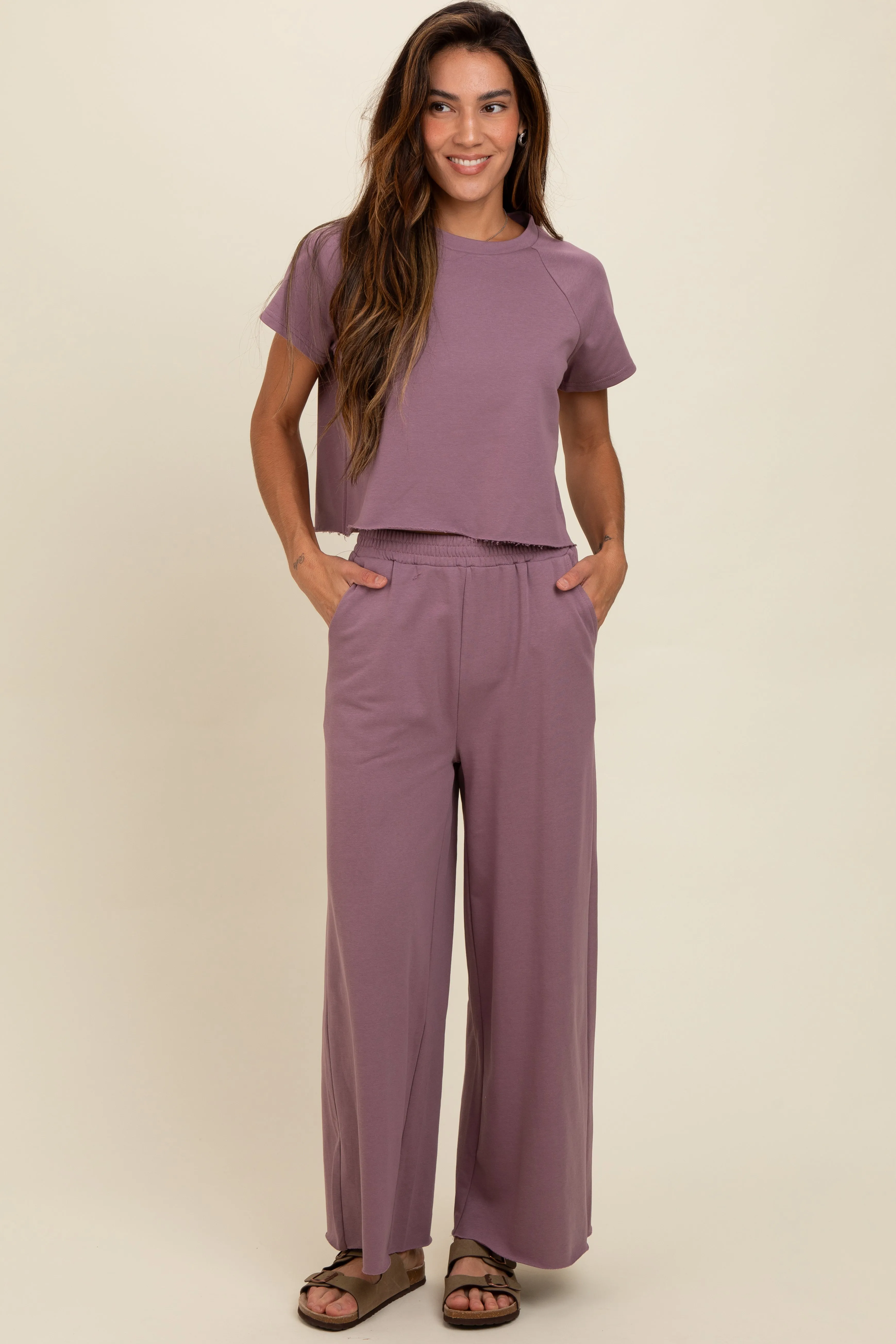 Mauve Basic Tee And Wide Leg Pant Set sold by Pinkblush