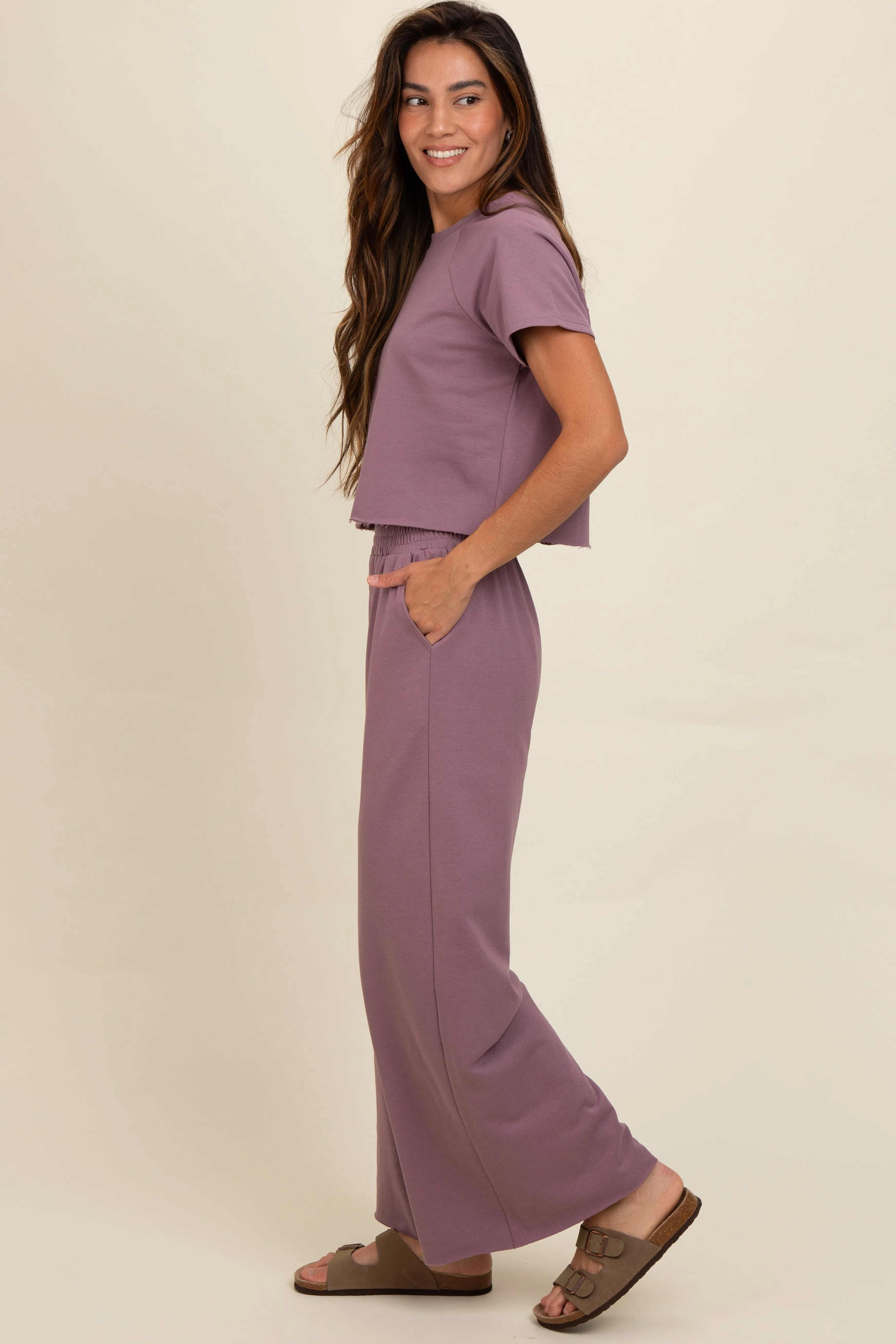 Mauve Basic Tee And Wide Leg Pant Set sold by Pinkblush product image thumbnail 2