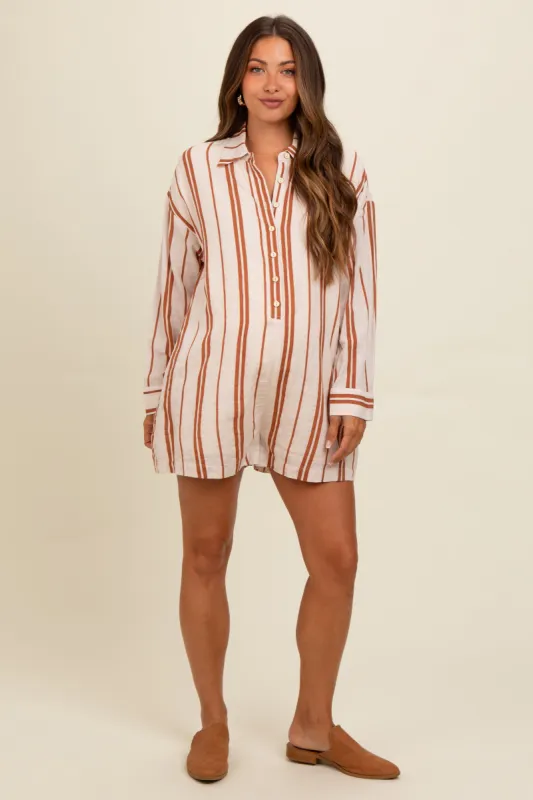 Camel Striped Button Down Maternity Romper sold by Pinkblush