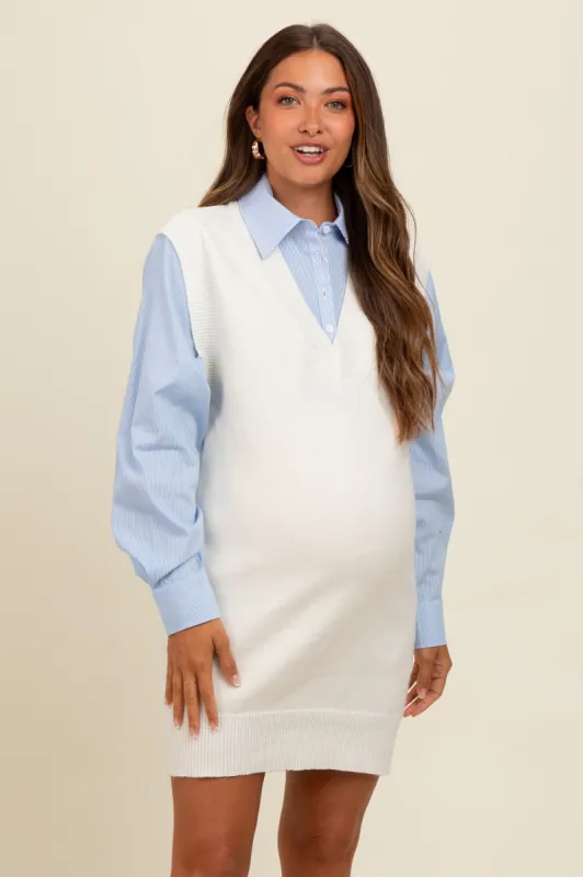 Ivory Layered Sweater Shirt Maternity Mini Dress sold by Pinkblush