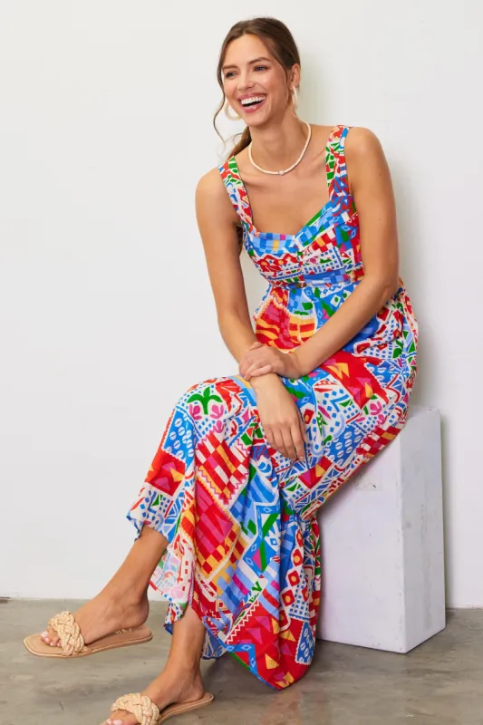 Blue Multi-Color Abstract Print Tiered Maxi Dress sold by Pinkblush