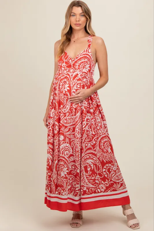 Red Paisley Cutout Back Maternity Maxi Dress sold by Pinkblush