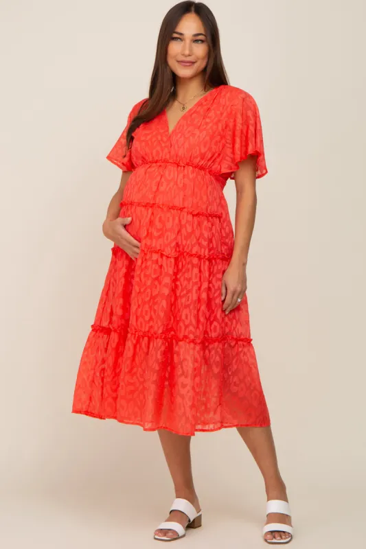Coral Chiffon Animal Print Tiered Maternity Midi Dress made by Umgee