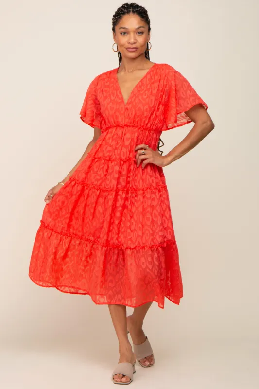 Coral Chiffon Animal Print Tiered Midi Dress sold by Pinkblush
