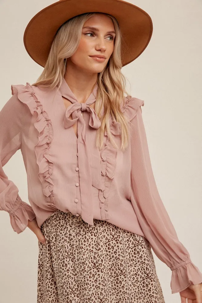 Mauve Front Tied Ruffle Shirring Button Up Chiffon sold by Pinkblush