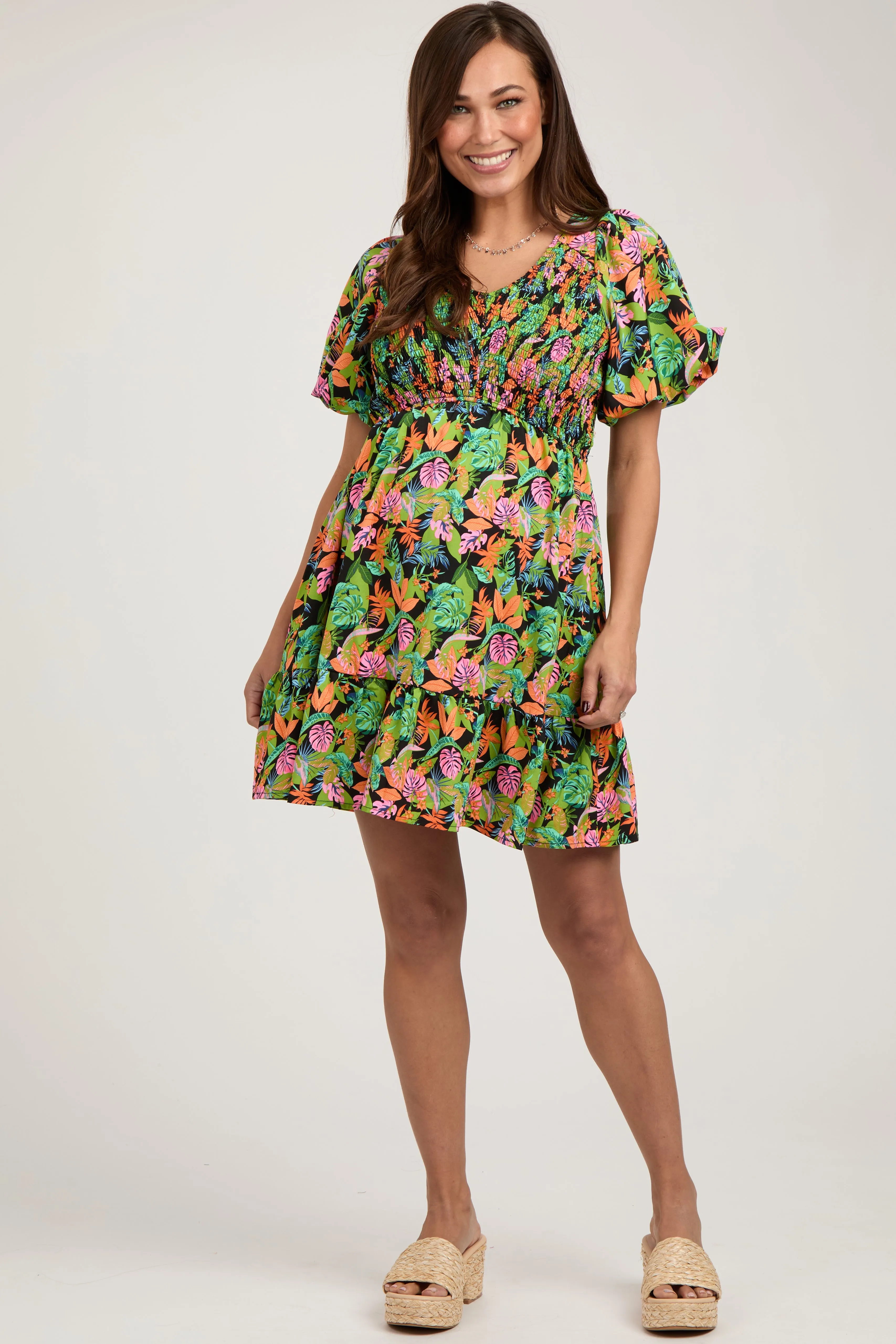 Green Multi-Color Tropical Print Ruffle Hem Maternity Dress sold by Pinkblush product image thumbnail 2