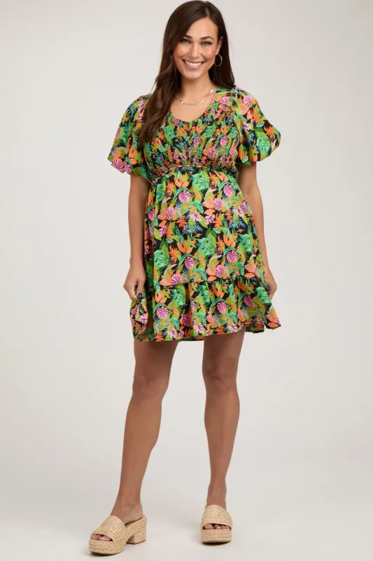Green Multi-Color Tropical Print Ruffle Hem Maternity Dress sold by Pinkblush