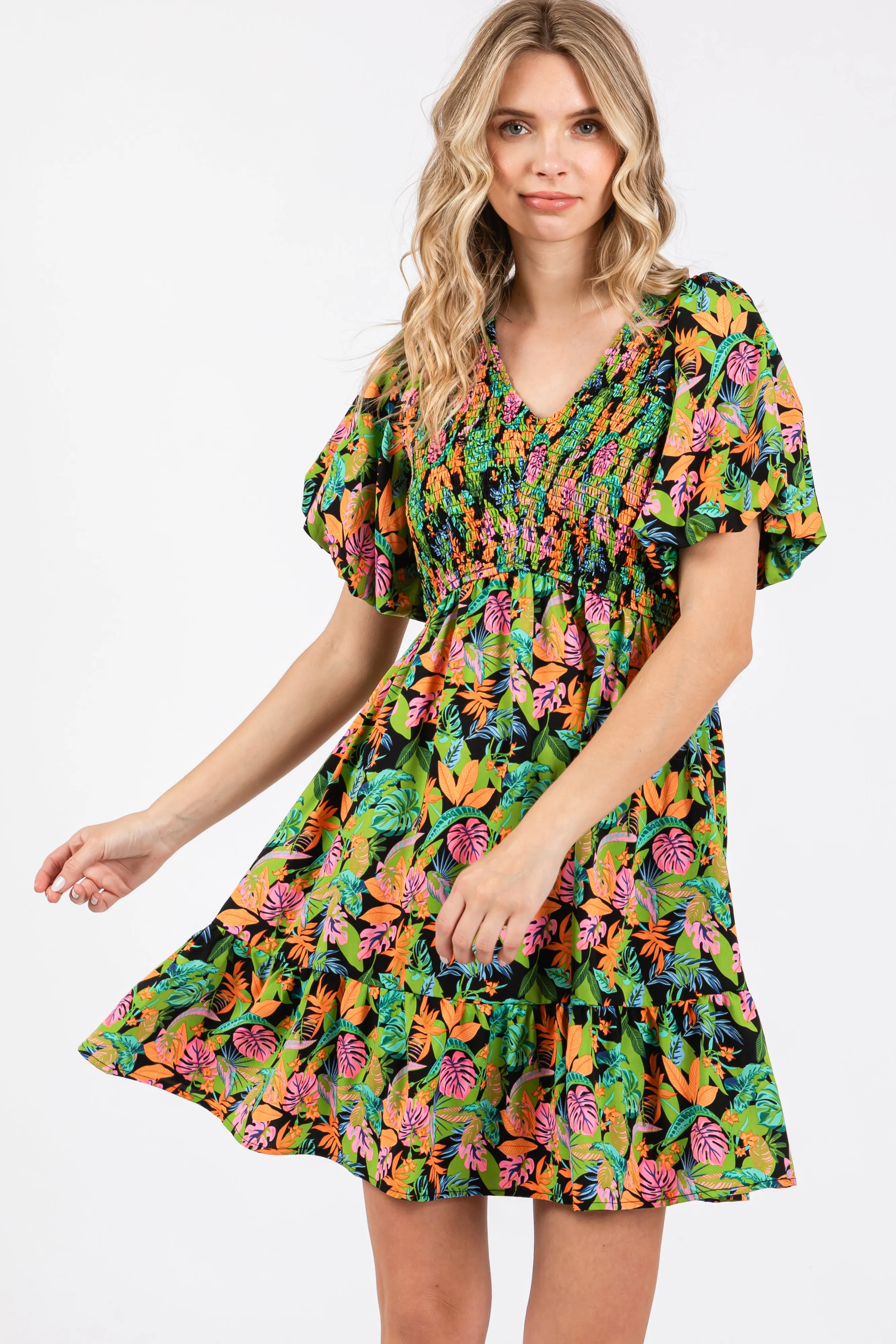 Green Multi-Color Tropical Print Ruffle Hem Dress sold by Pinkblush product image thumbnail 2
