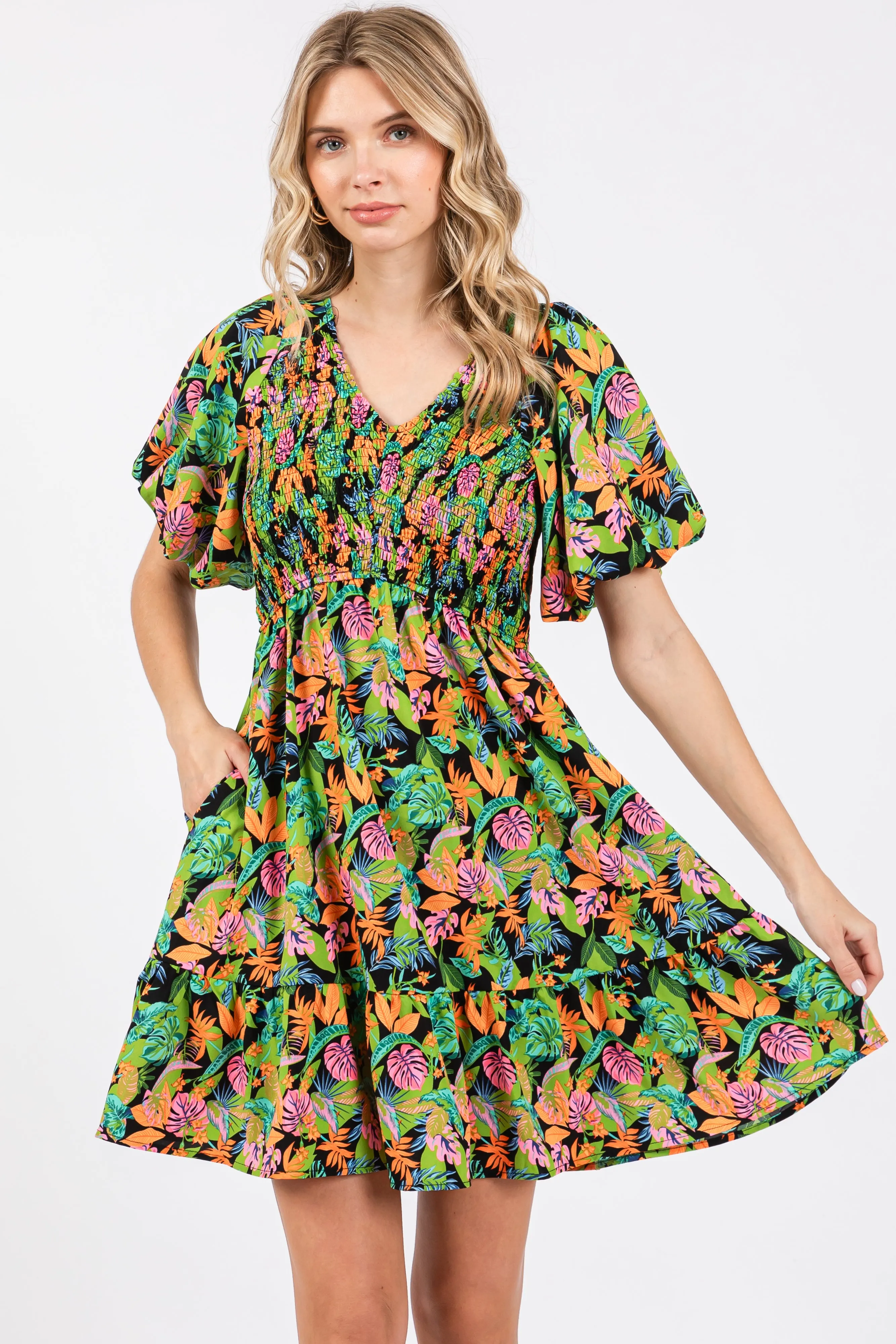 Green Multi-Color Tropical Print Ruffle Hem Dress sold by Pinkblush product image thumbnail 3