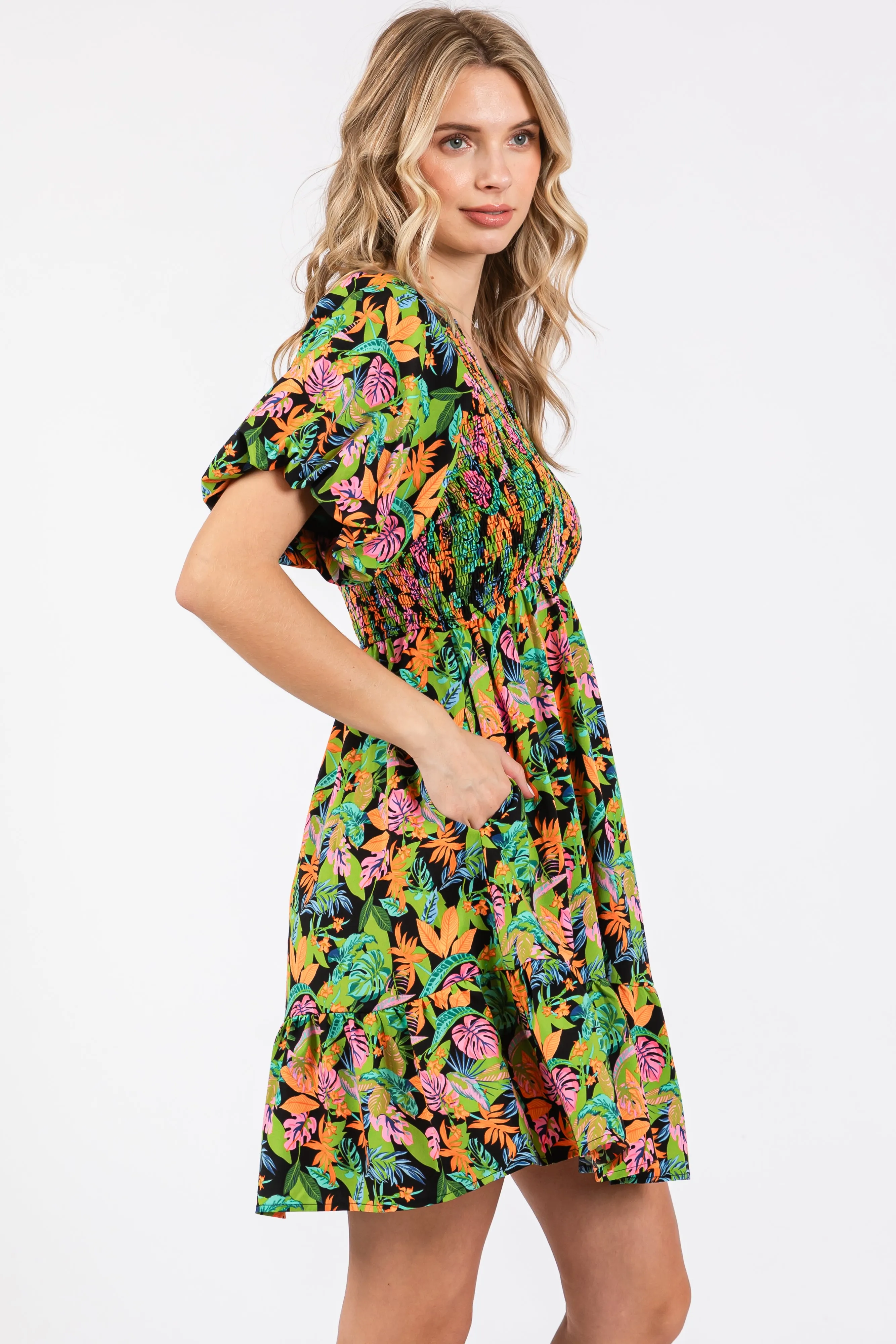 Green Multi-Color Tropical Print Ruffle Hem Dress sold by Pinkblush product image thumbnail 4