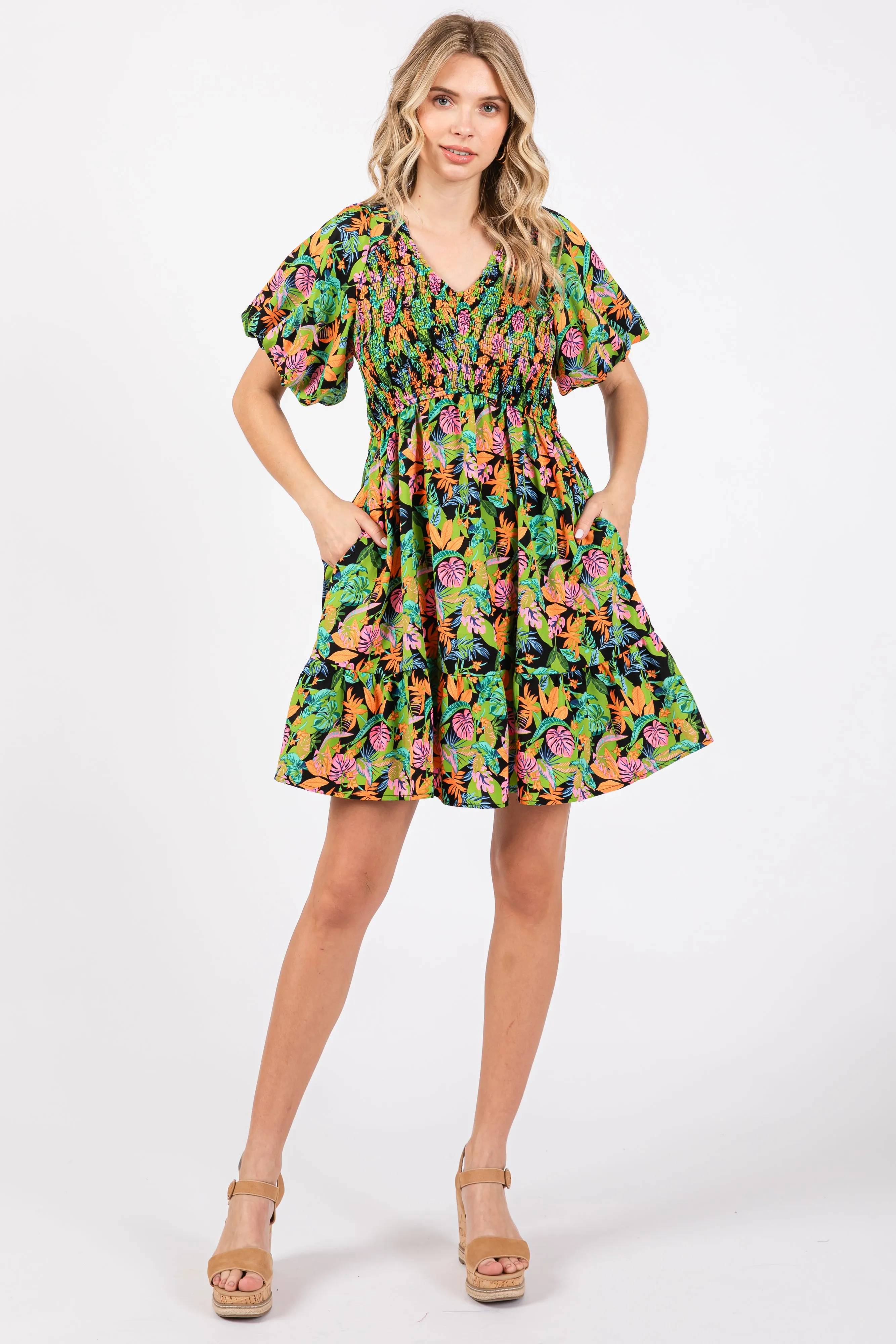Green Multi-Color Tropical Print Ruffle Hem Dress sold by Pinkblush