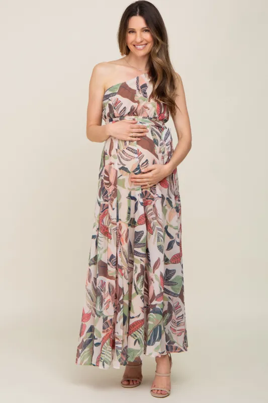 Taupe Leaf Print Chiffon One Shoulder A-Line Waist Tie Maternity Maxi Dress sold by Pinkblush