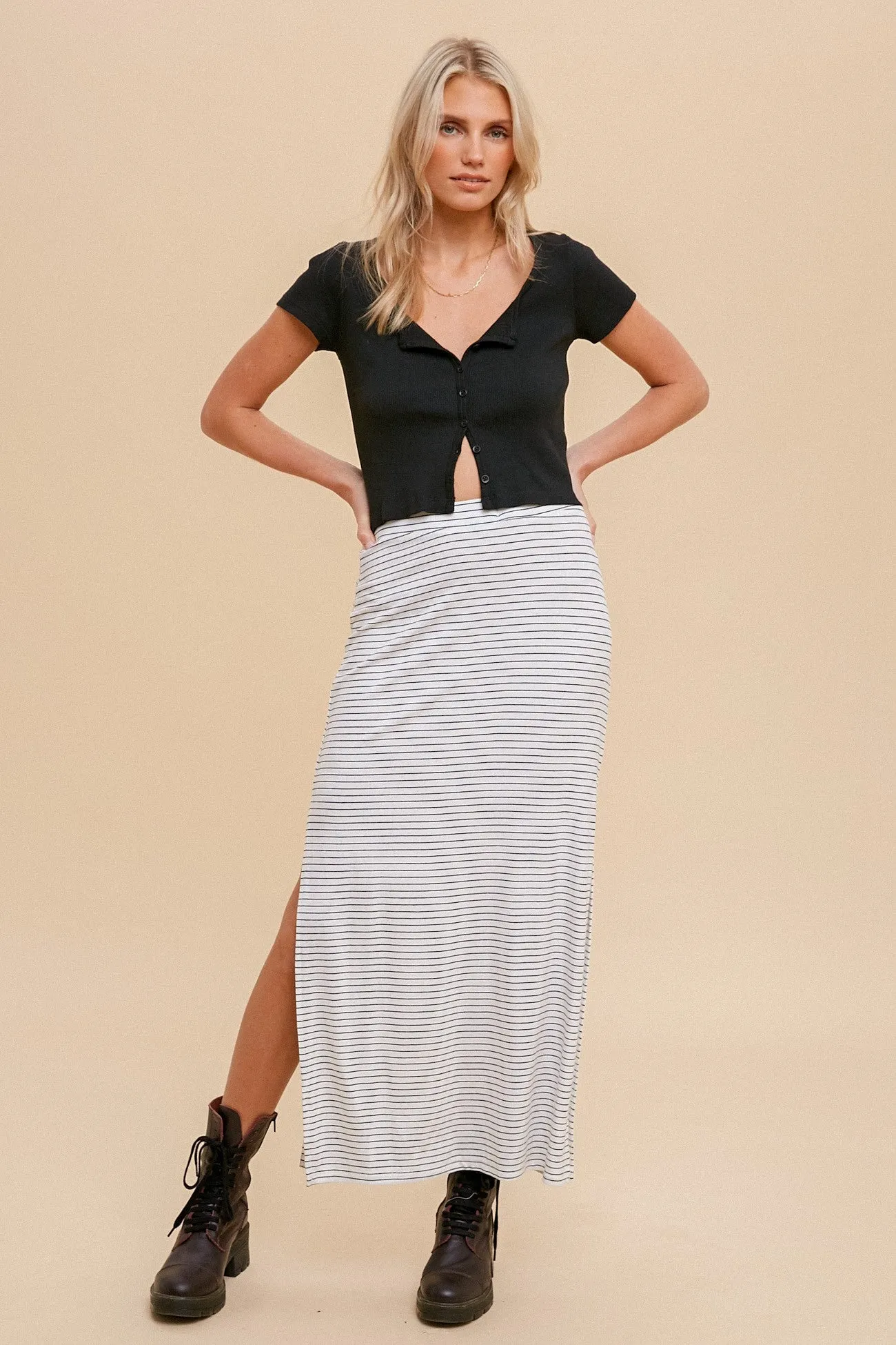 White Striped Side Slit Maxi Skirt sold by Pinkblush