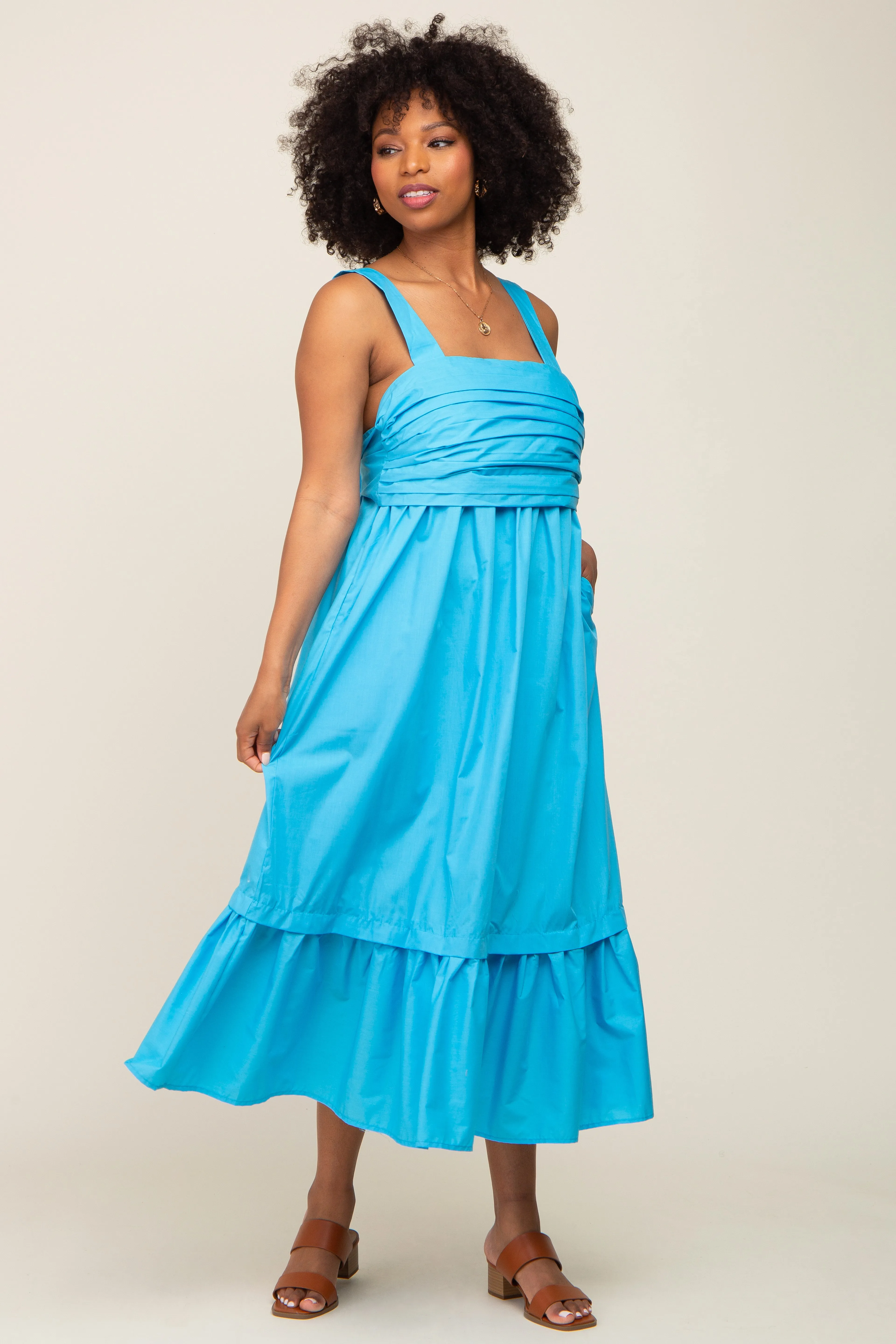 Aqua Pleated Back Tie Midi Dress sold by Pinkblush