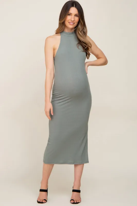 Sage Ribbed Mock Neck Sleeveless Side Slit Maternity Midi Dress sold by Pinkblush