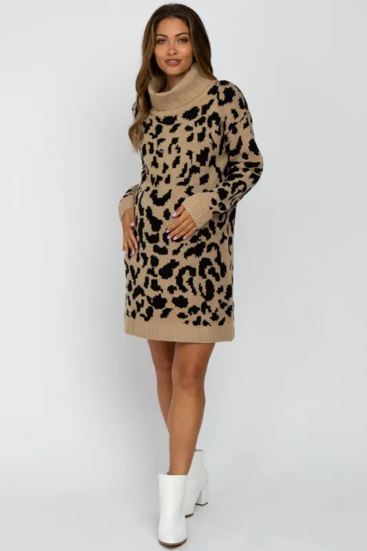 Taupe Leopard Turtleneck Maternity Sweater Dress sold by Pinkblush